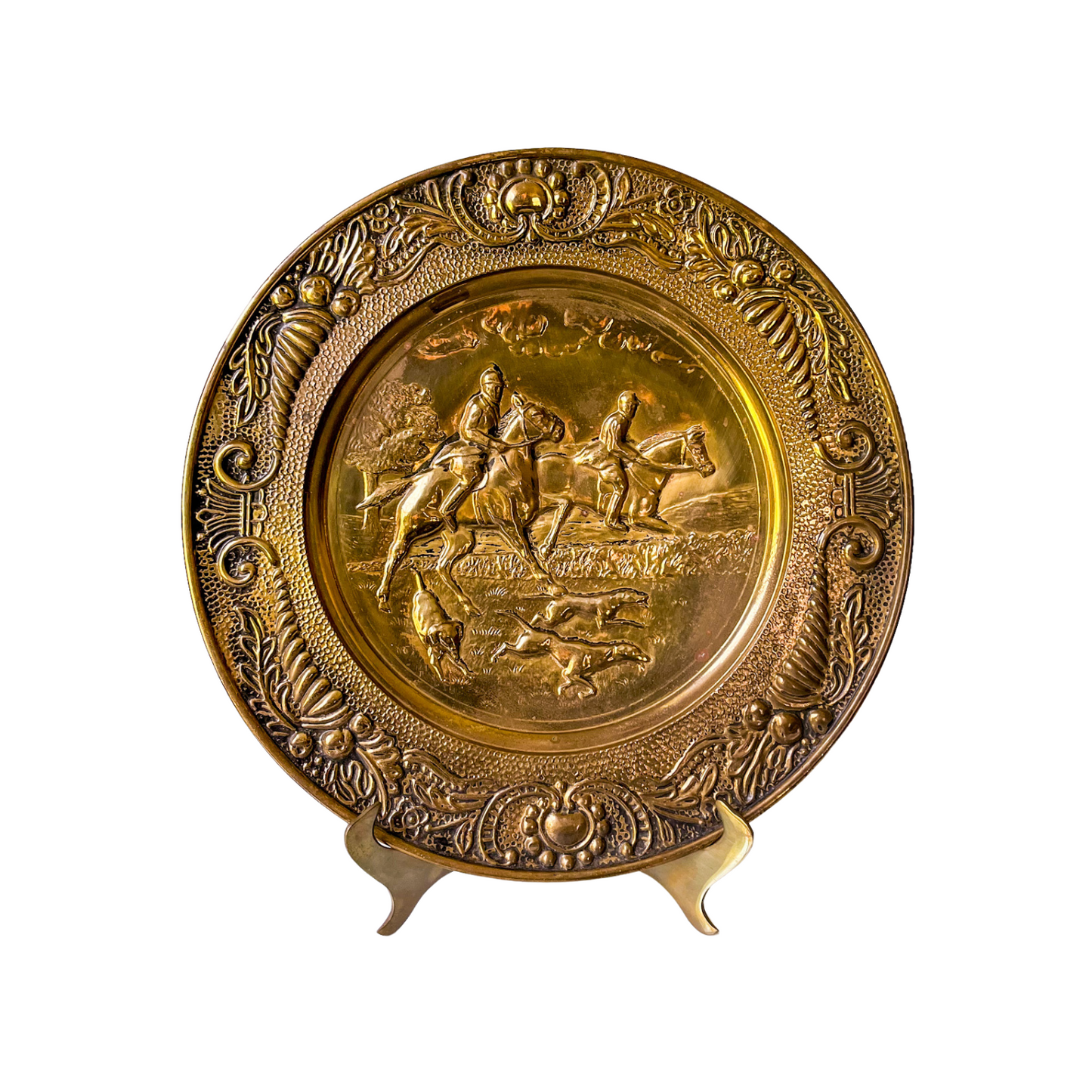 Pair of Embossed Hunt Scene Brass Plates