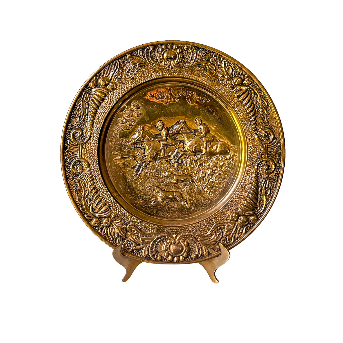 Pair of Embossed Hunt Scene Brass Plates