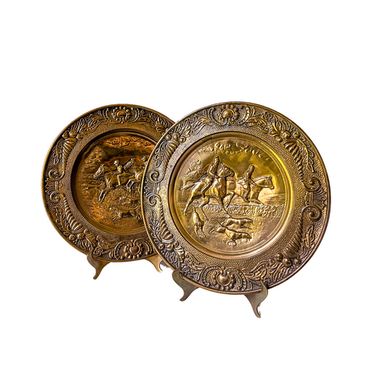 Pair of Embossed Hunt Scene Brass Plates