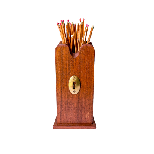 Vintage Wood Fireplace Matchstick Holder with Keyhole