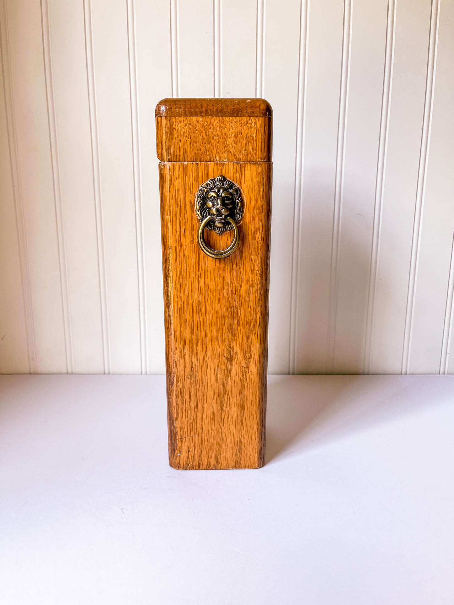 Vintage Wood Fireplace Matchstick Holder with Lion Ring