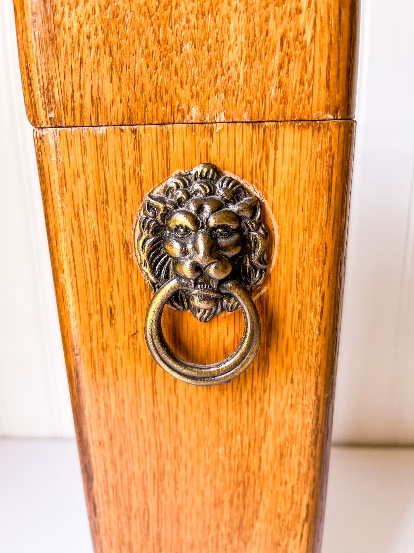 Vintage Wood Fireplace Matchstick Holder with Lion Ring