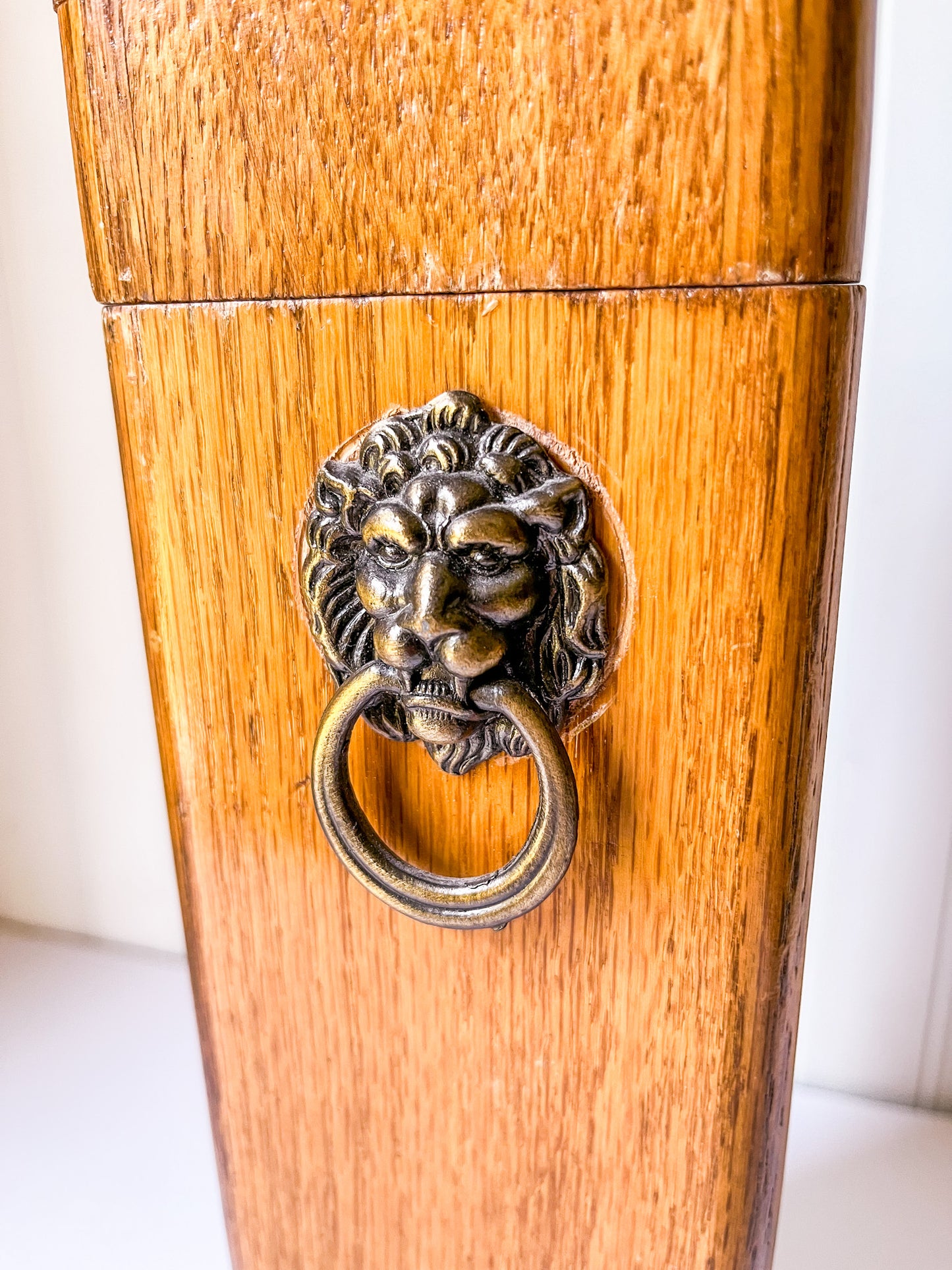 Vintage Wood Fireplace Matchstick Holder with Lion Ring