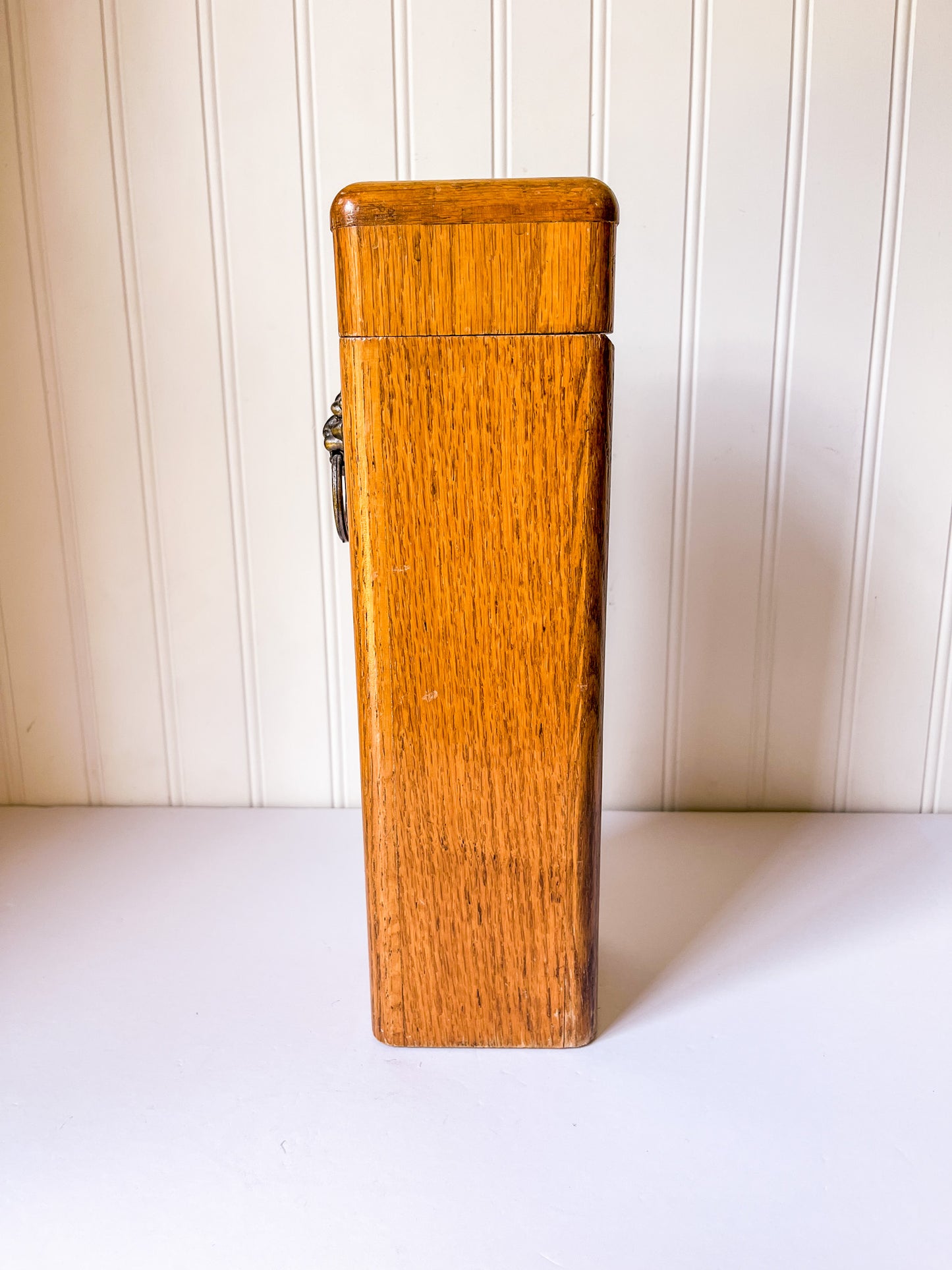 Vintage Wood Fireplace Matchstick Holder with Lion Ring