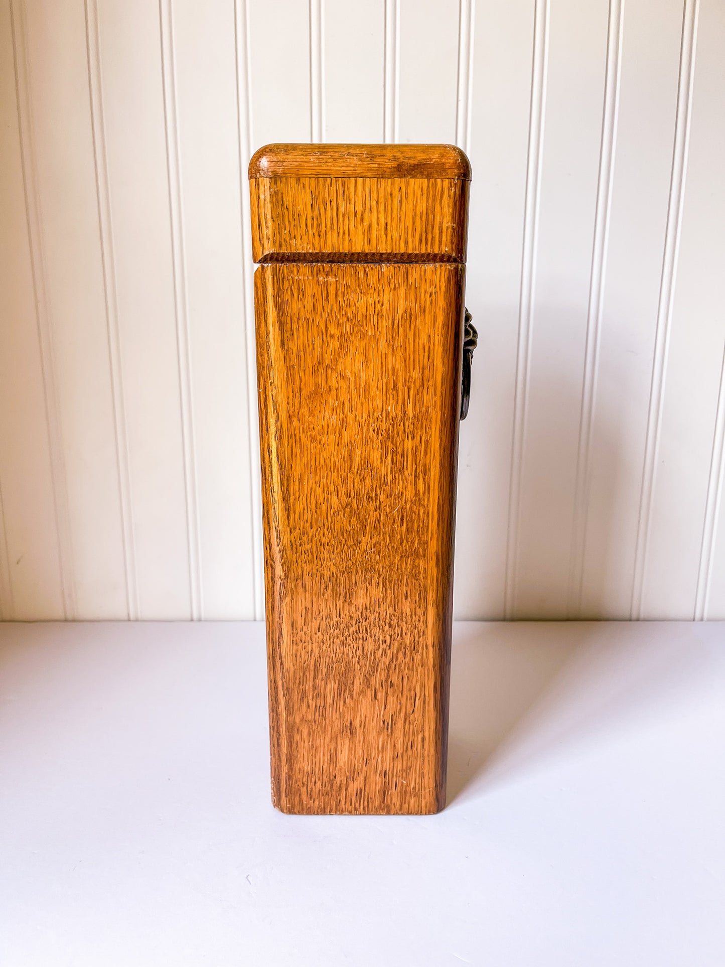 Vintage Wood Fireplace Matchstick Holder with Lion Ring