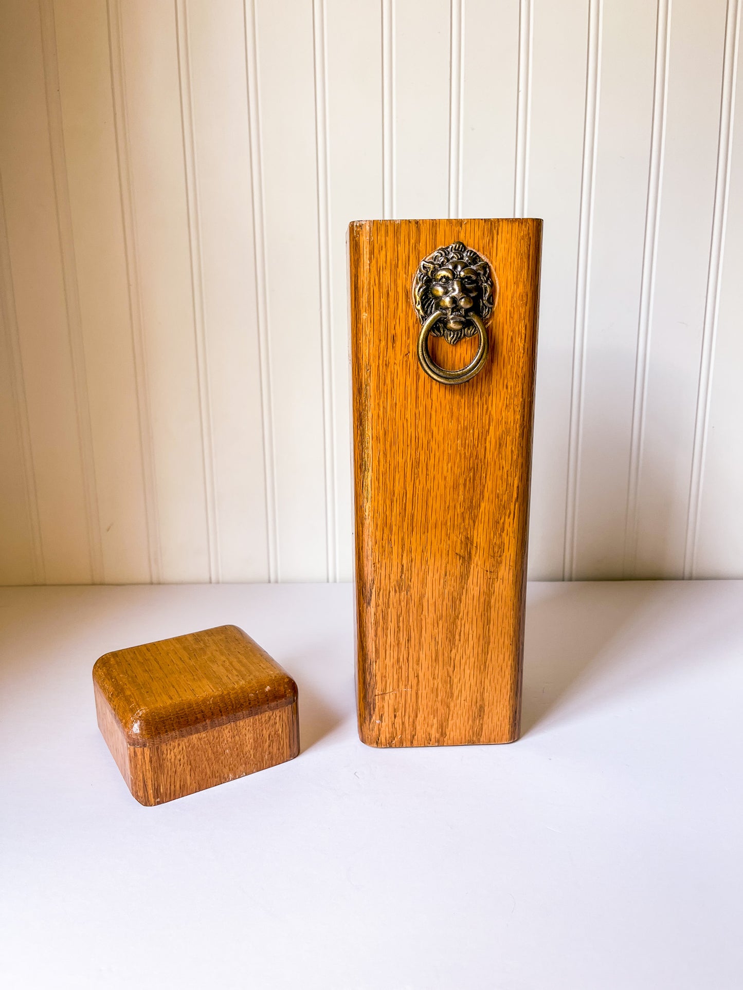 Vintage Wood Fireplace Matchstick Holder with Lion Ring