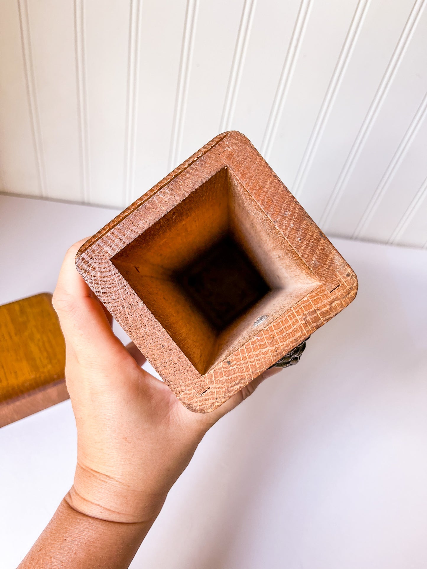 Vintage Wood Fireplace Matchstick Holder with Lion Ring