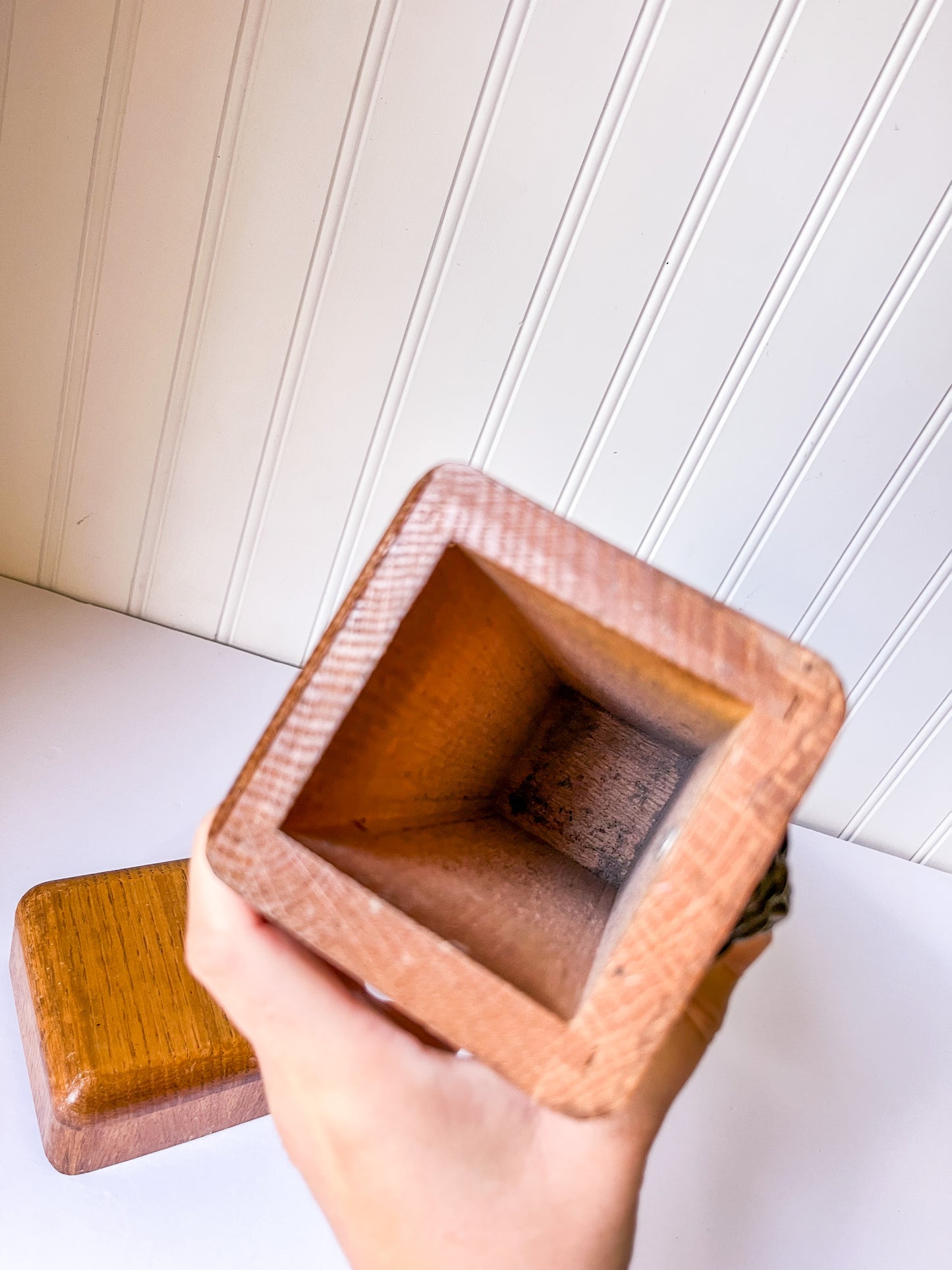 Vintage Wood Fireplace Matchstick Holder with Lion Ring