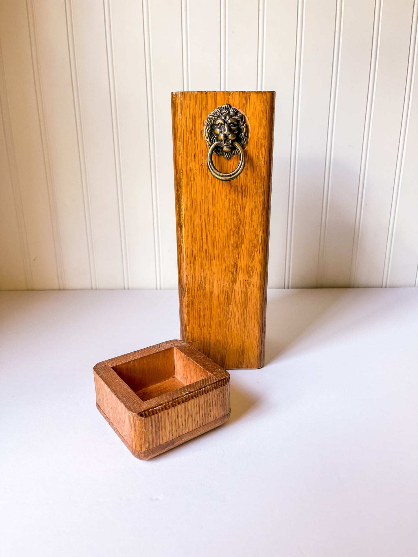 Vintage Wood Fireplace Matchstick Holder with Lion Ring