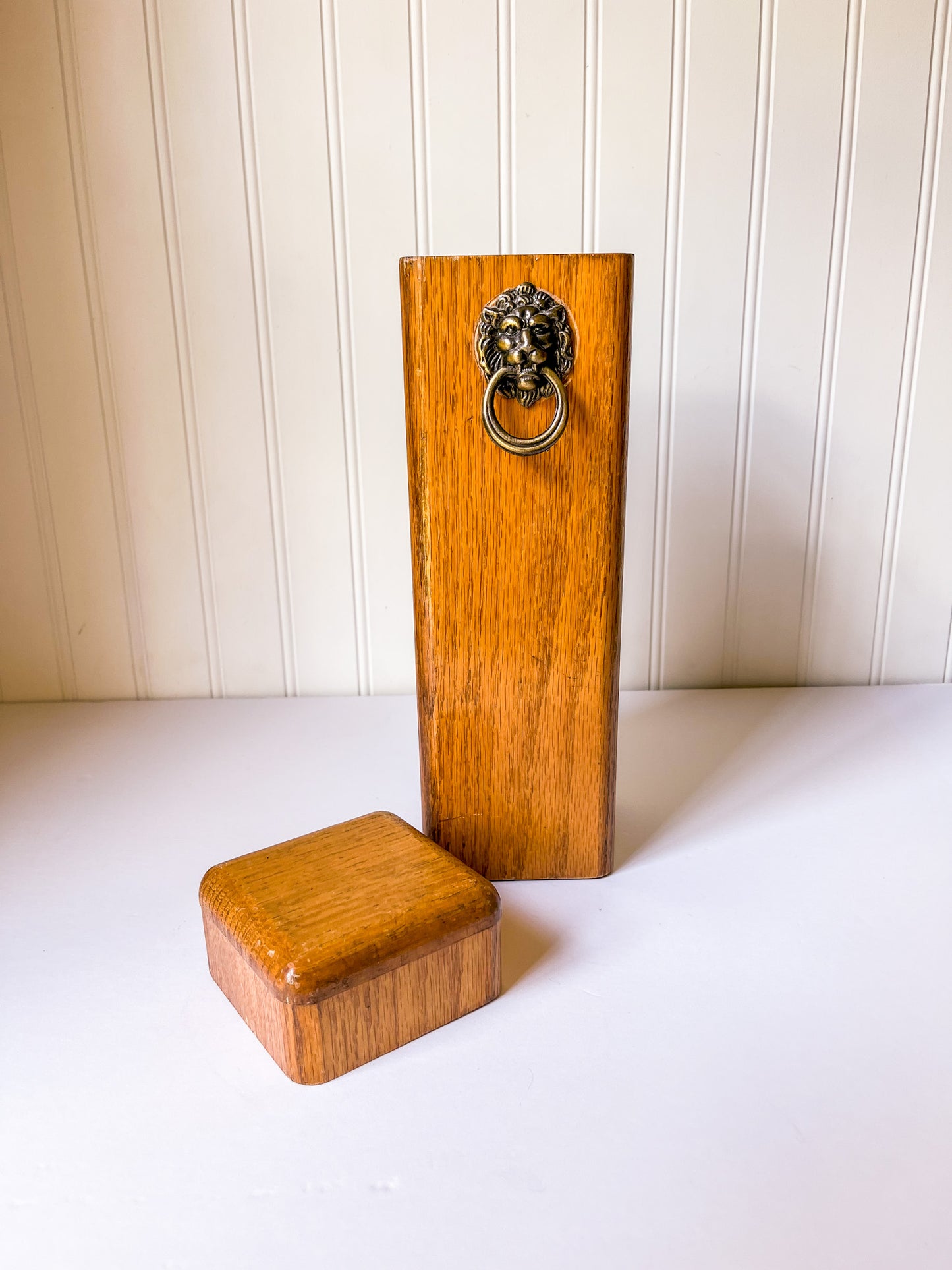 Vintage Wood Fireplace Matchstick Holder with Lion Ring