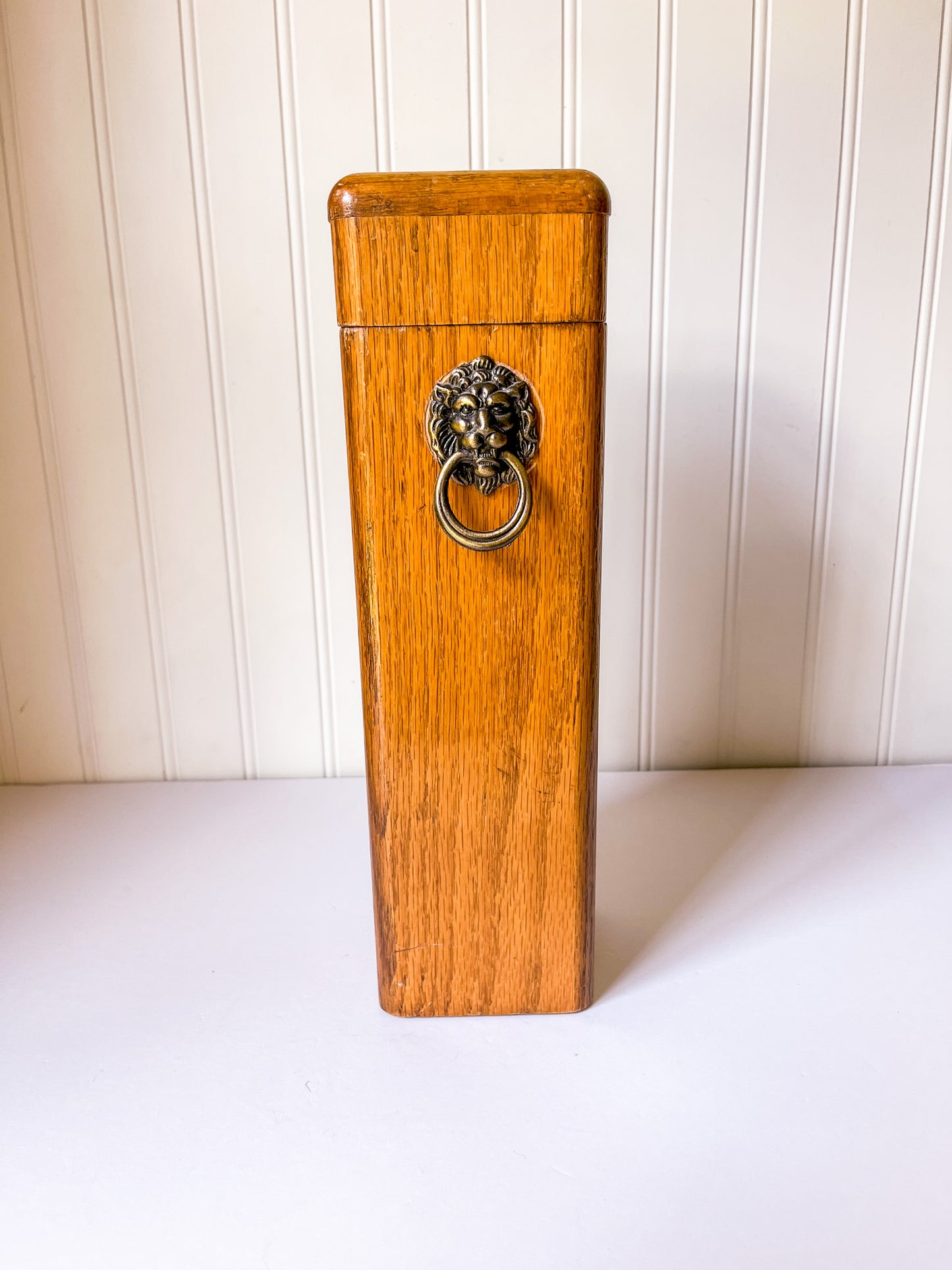 Vintage Wood Fireplace Matchstick Holder with Lion Ring