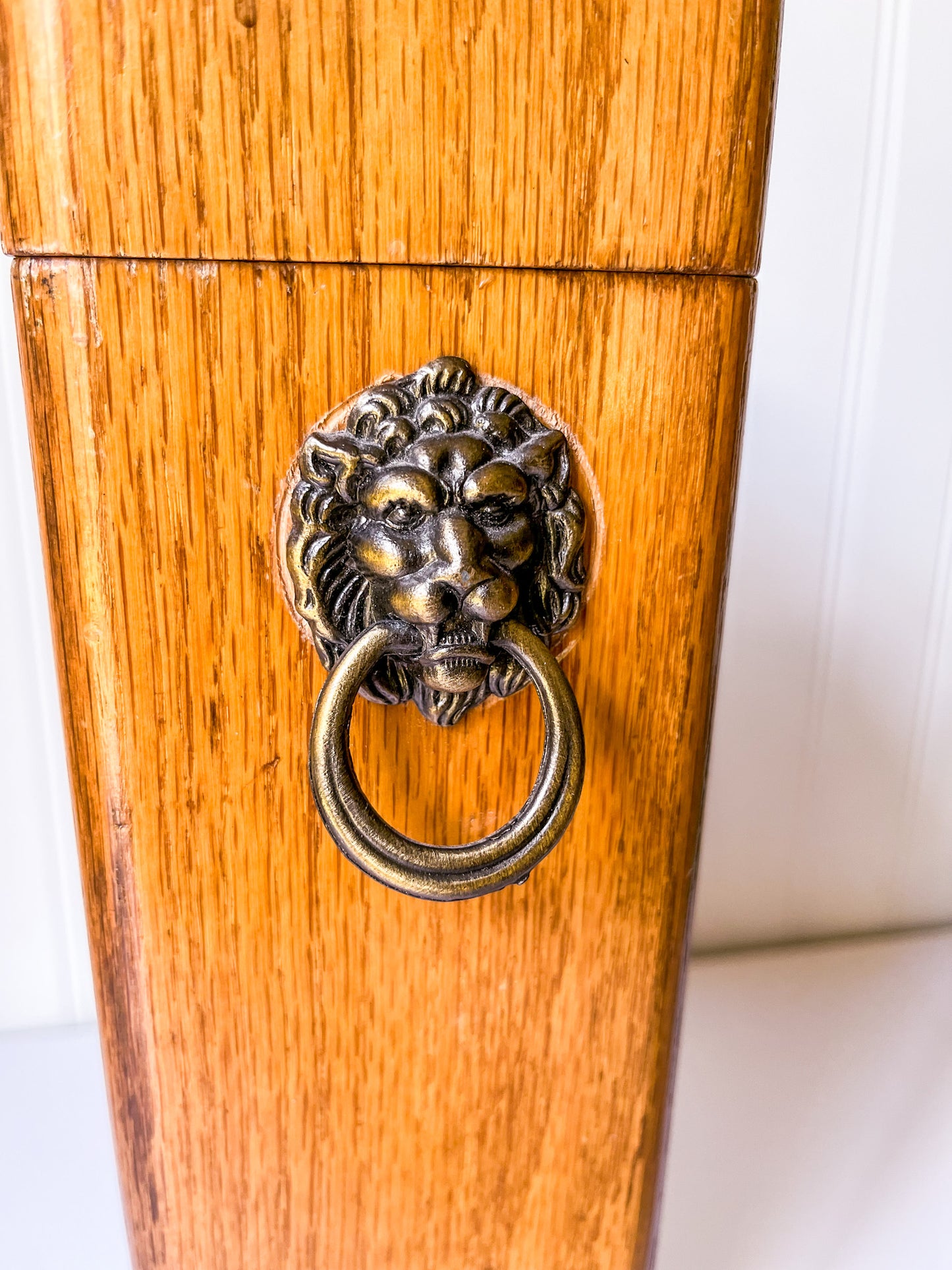 Vintage Wood Fireplace Matchstick Holder with Lion Ring