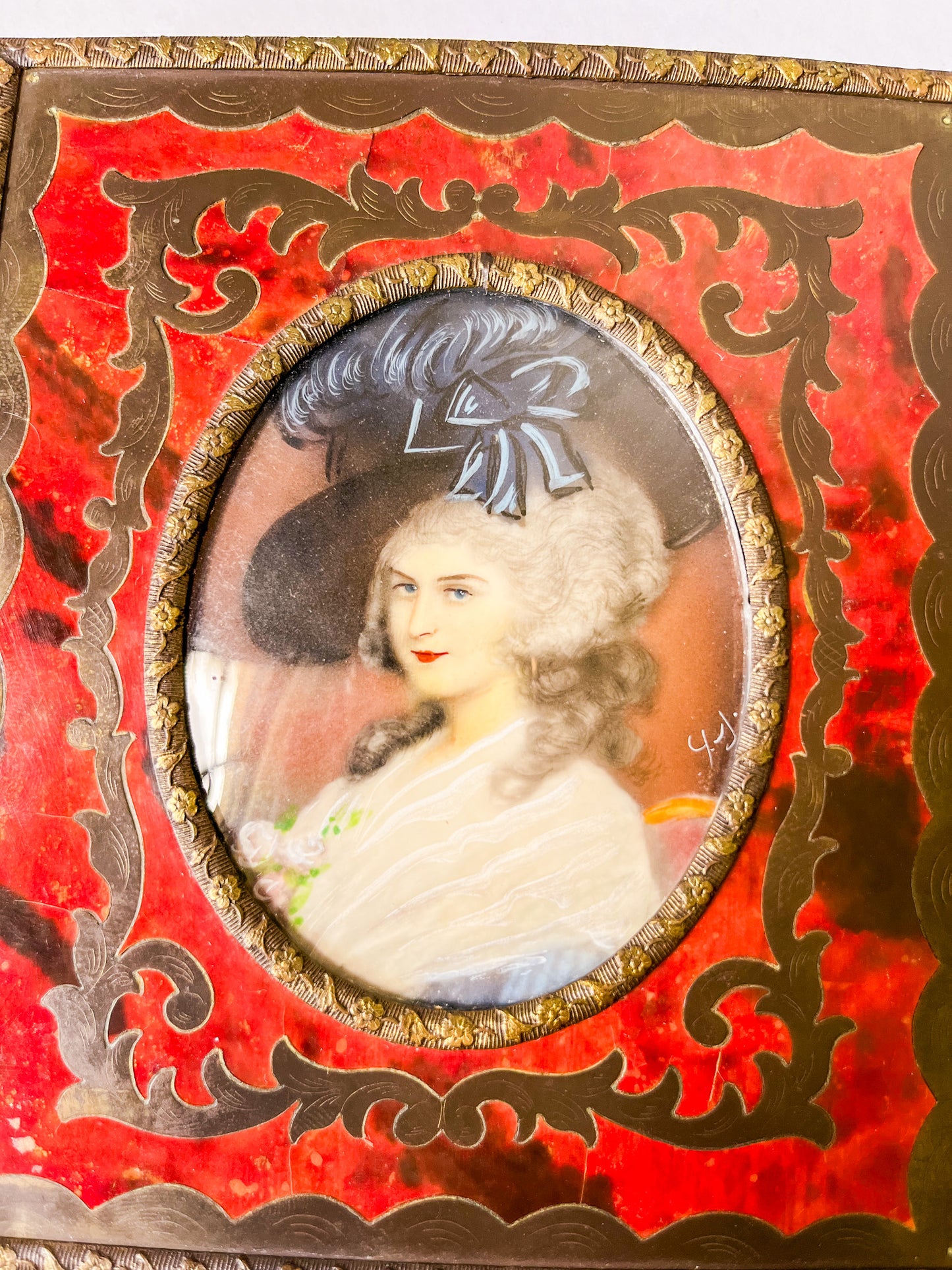 Antique Miniature Portrait in Boulle Frame