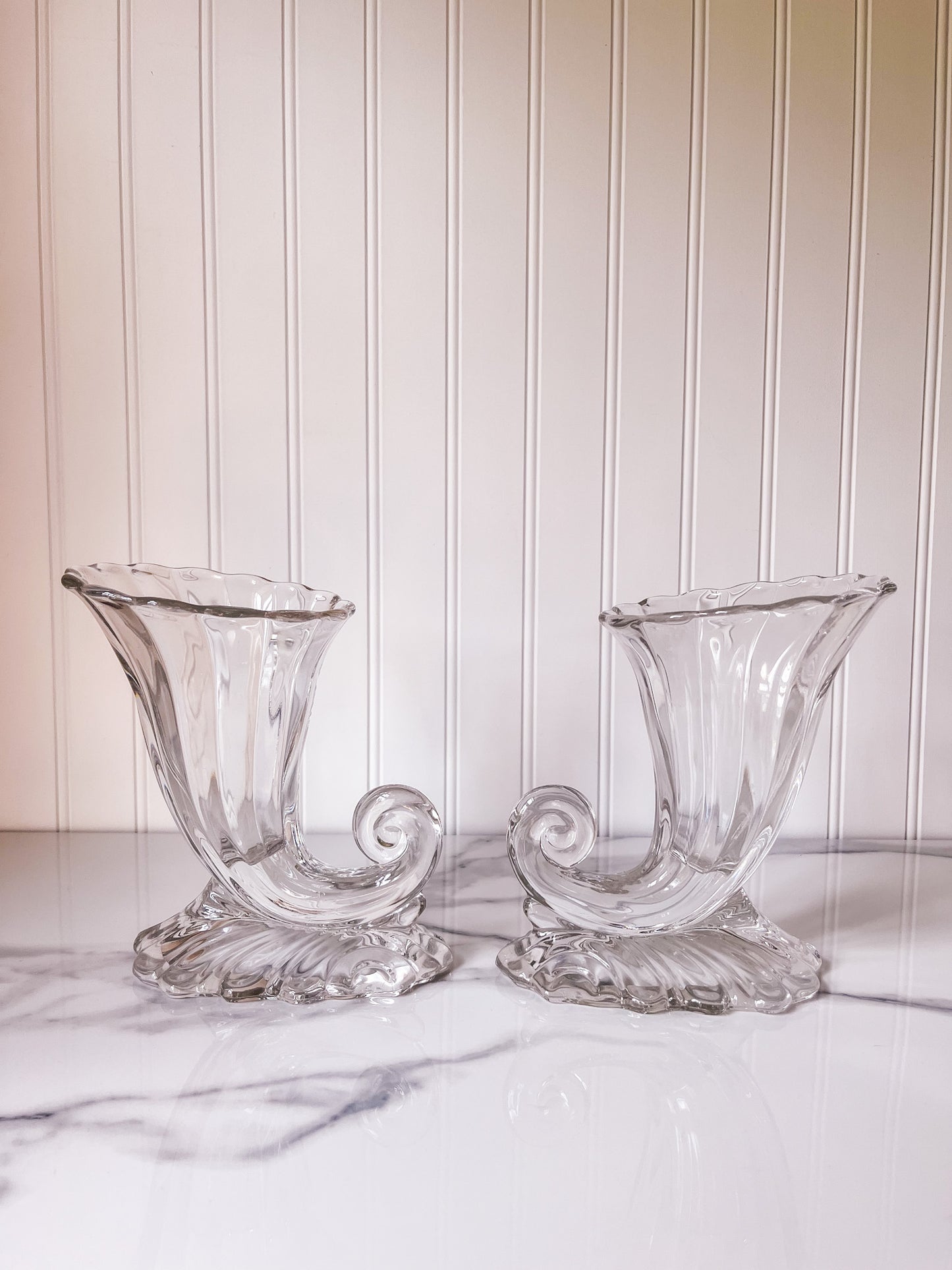 Pair of Glass Cornucopia Flower Vases