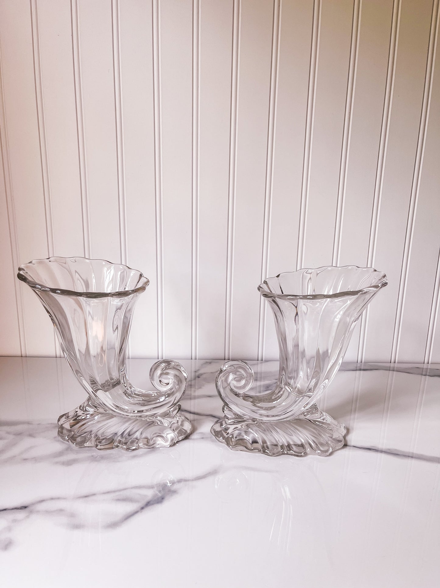 Pair of Glass Cornucopia Flower Vases