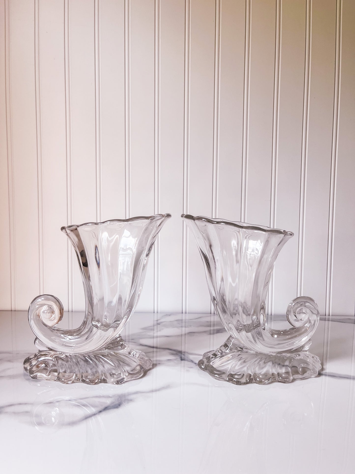 Pair of Glass Cornucopia Flower Vases