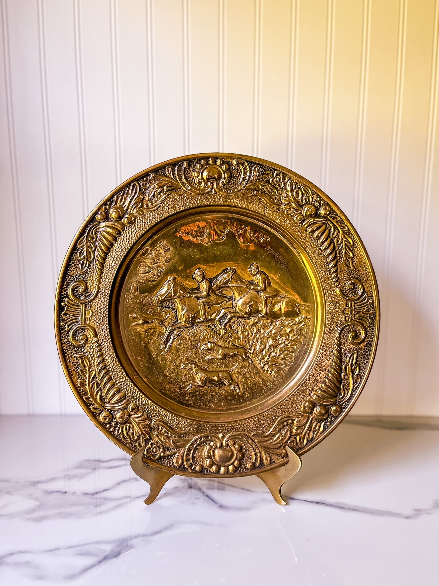 Pair of Embossed Hunt Scene Brass Plates