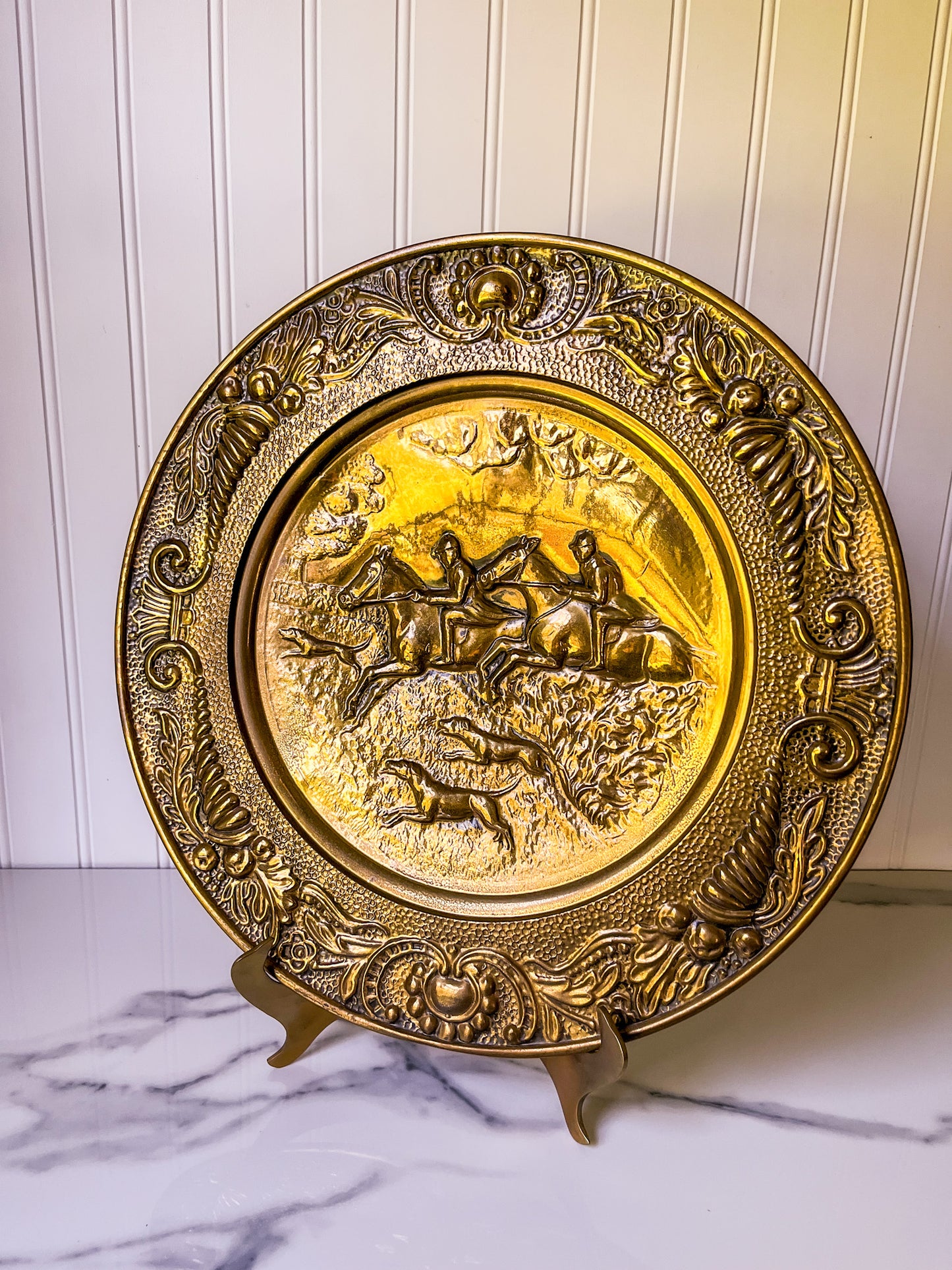 Pair of Embossed Hunt Scene Brass Plates