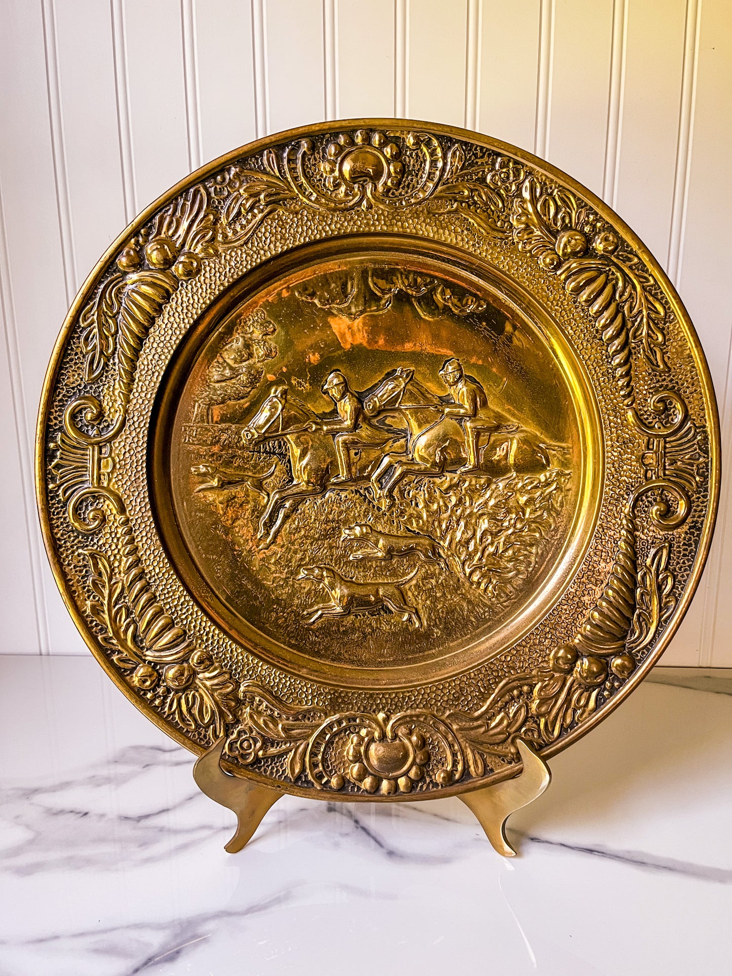 Pair of Embossed Hunt Scene Brass Plates