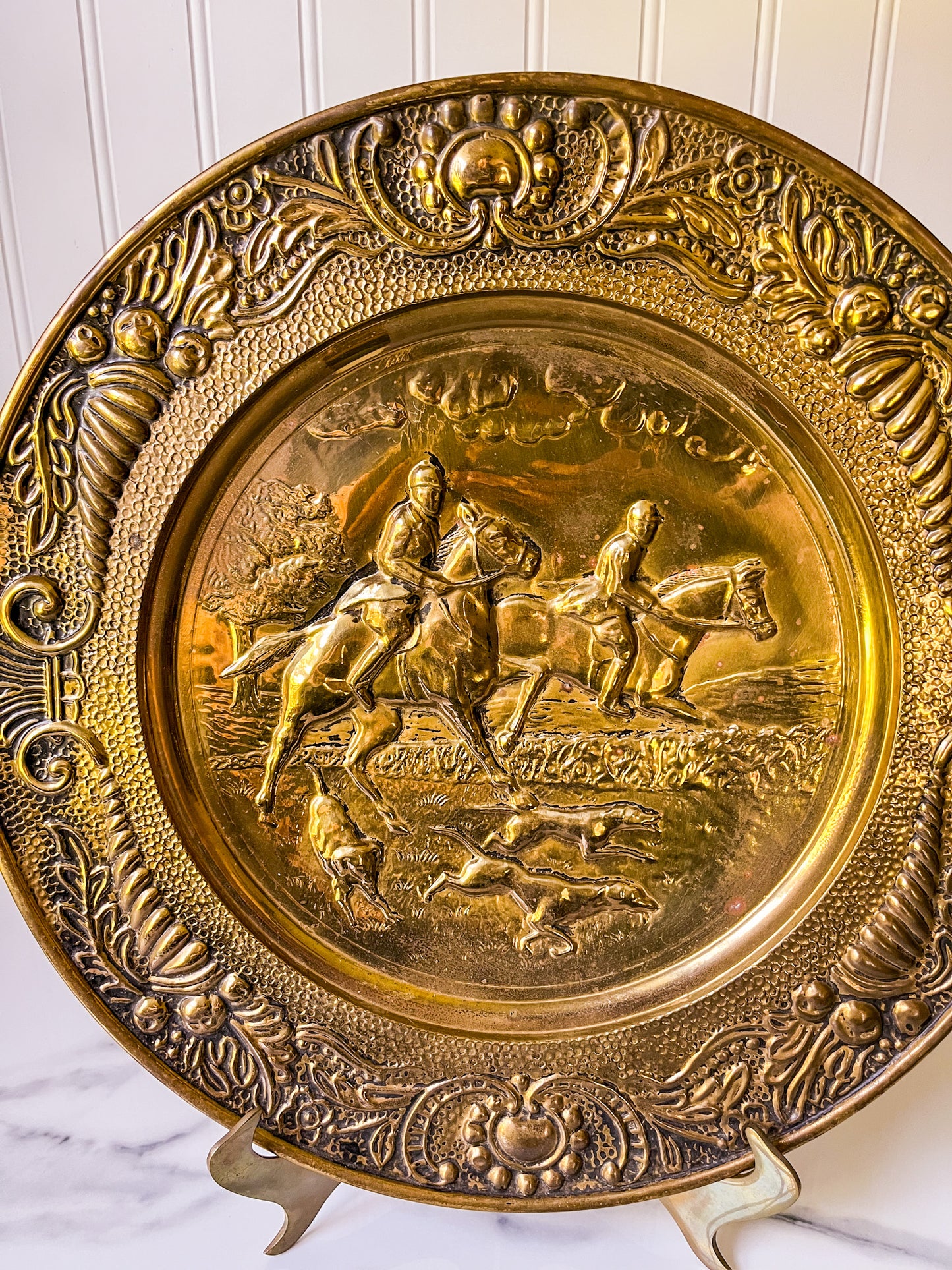 Pair of Embossed Hunt Scene Brass Plates