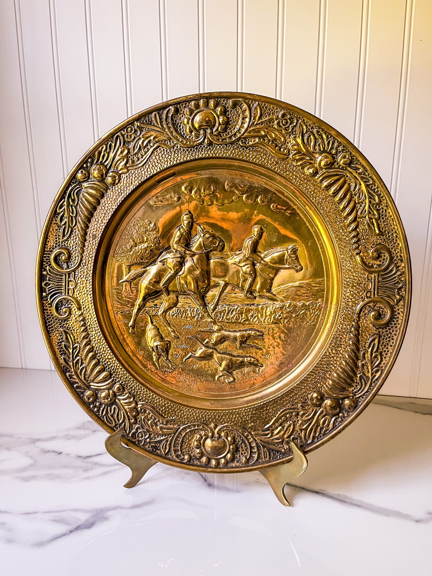 Pair of Embossed Hunt Scene Brass Plates