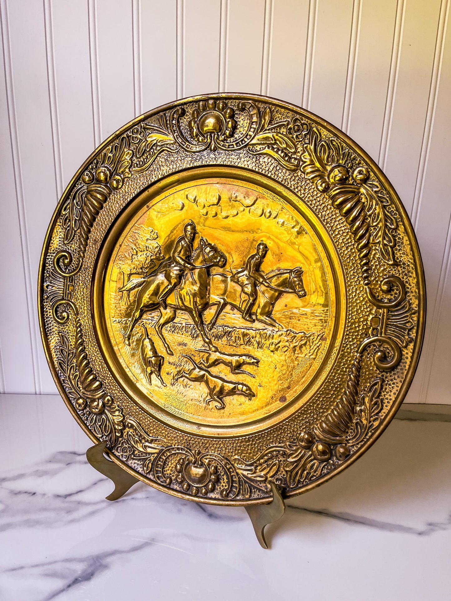 Pair of Embossed Hunt Scene Brass Plates