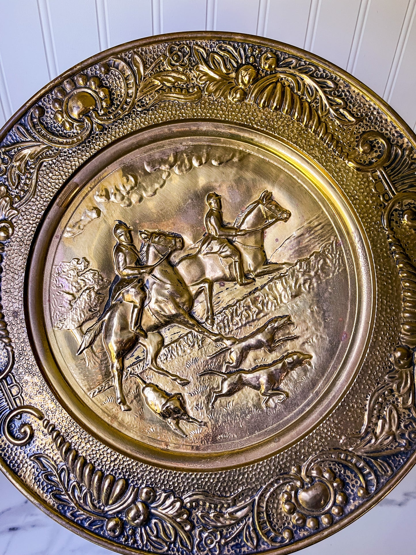 Pair of Embossed Hunt Scene Brass Plates