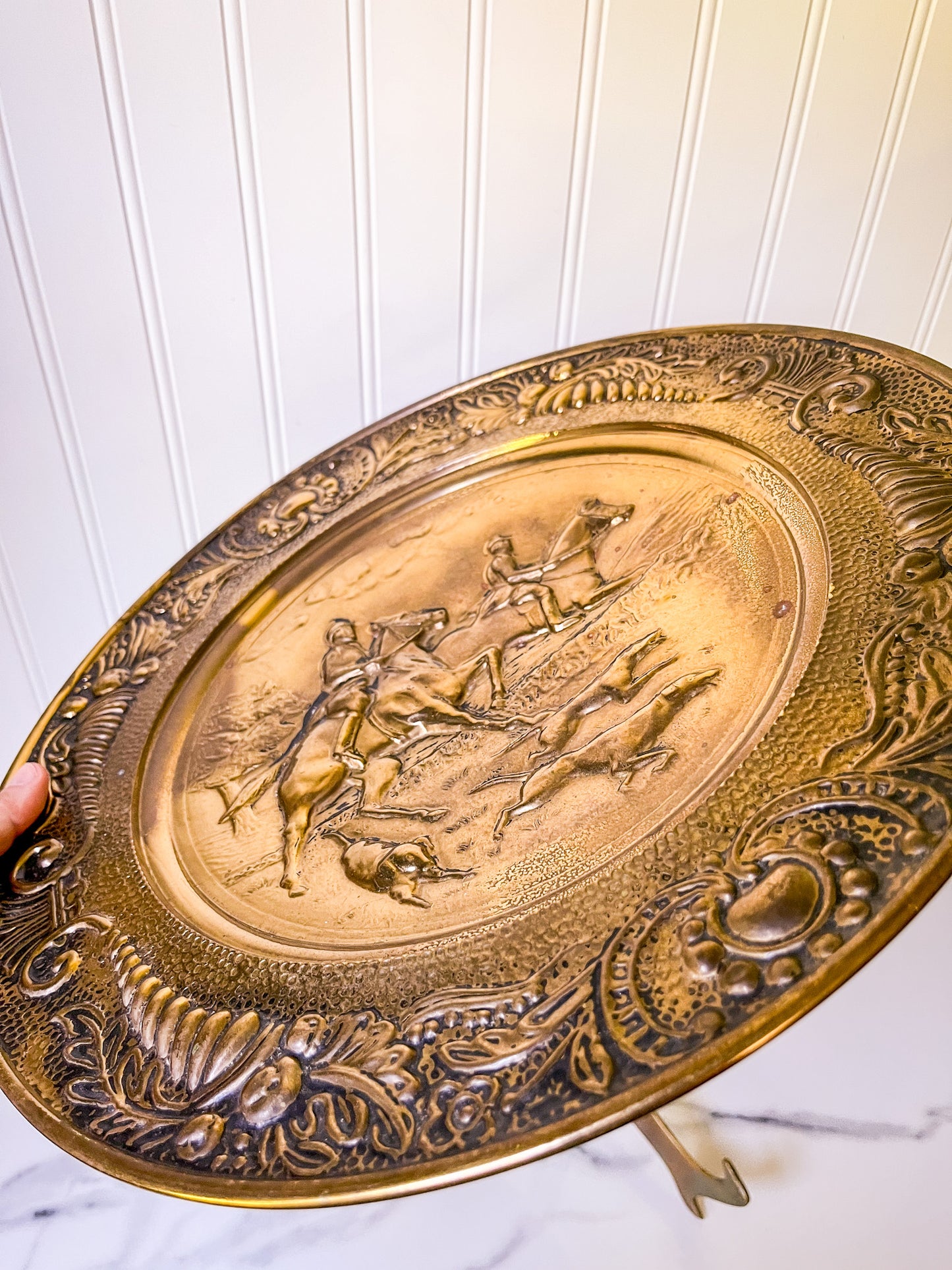 Pair of Embossed Hunt Scene Brass Plates