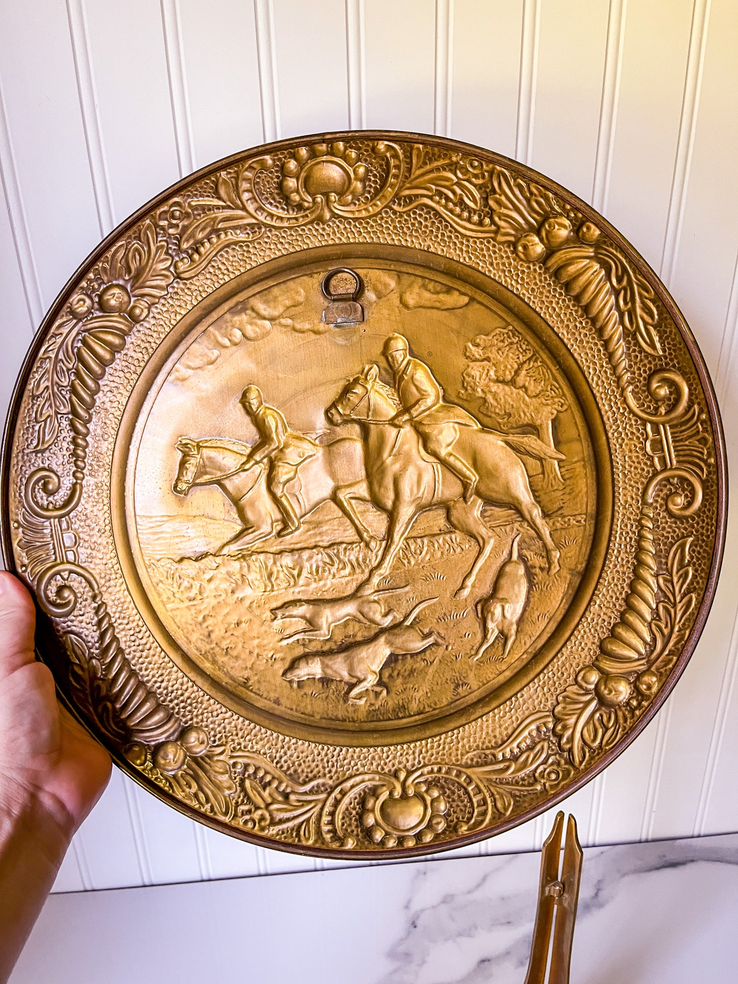 Pair of Embossed Hunt Scene Brass Plates