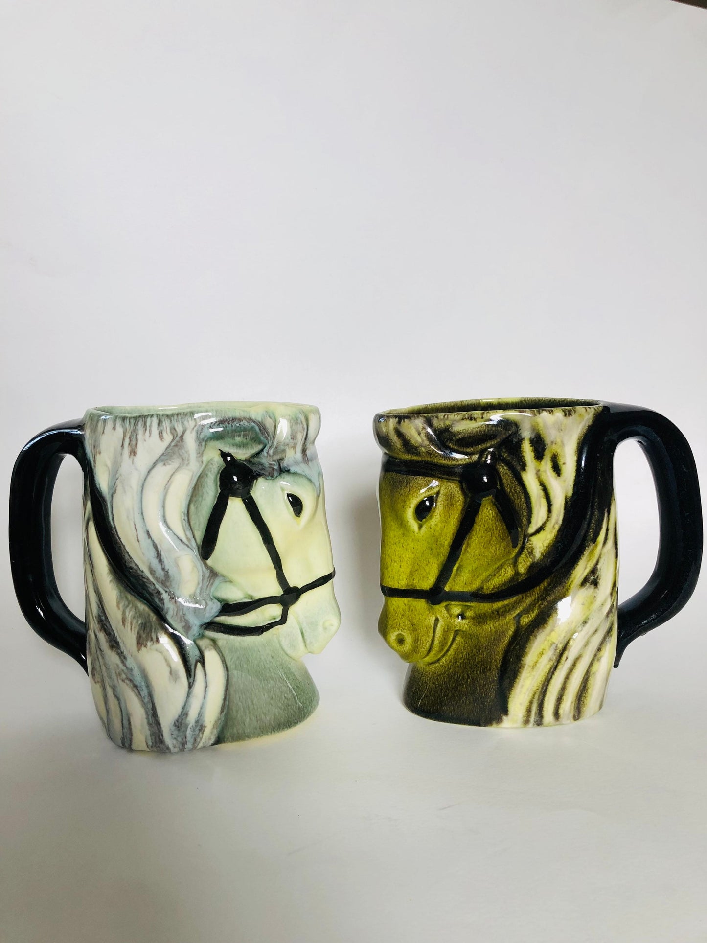 Vintage Ceramic Horse Mugs by Engle Studio, Green and Blue Horse Mug