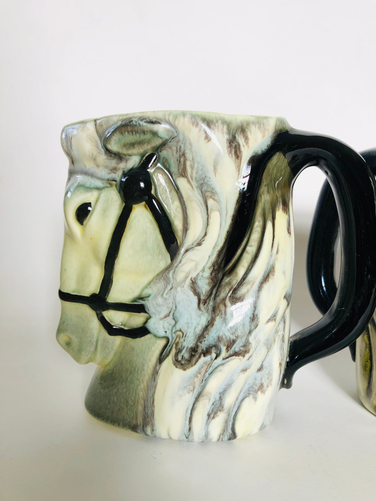 Vintage Ceramic Horse Mugs by Engle Studio, Green and Blue Horse Mug