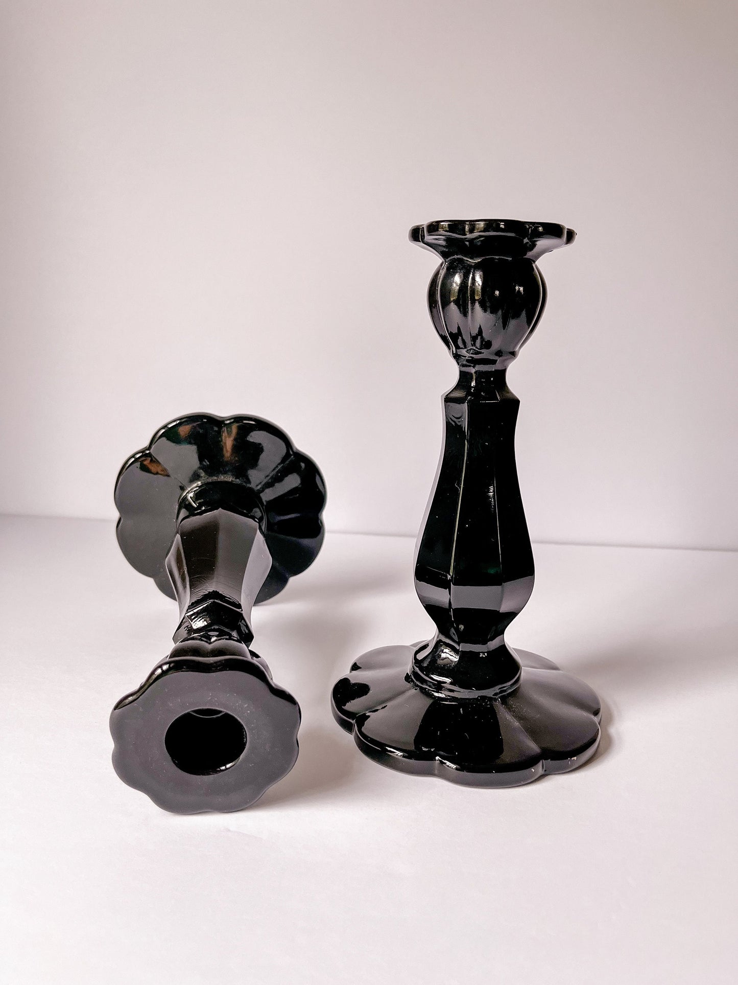 Vintage Black Glass Retro Candlestick Holders, Floral Base