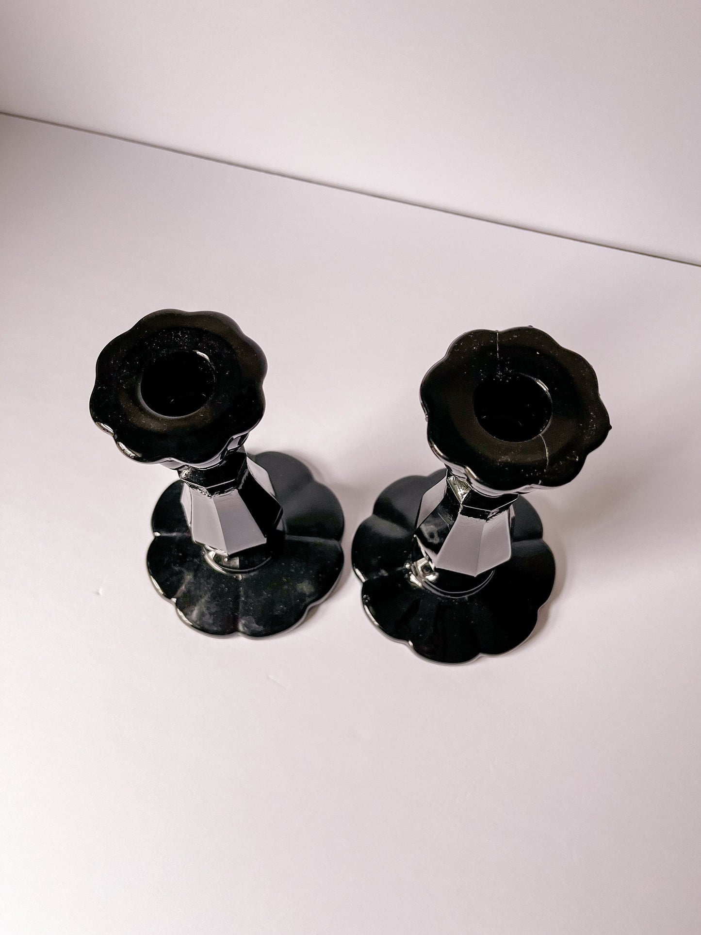 Vintage Black Glass Retro Candlestick Holders, Floral Base