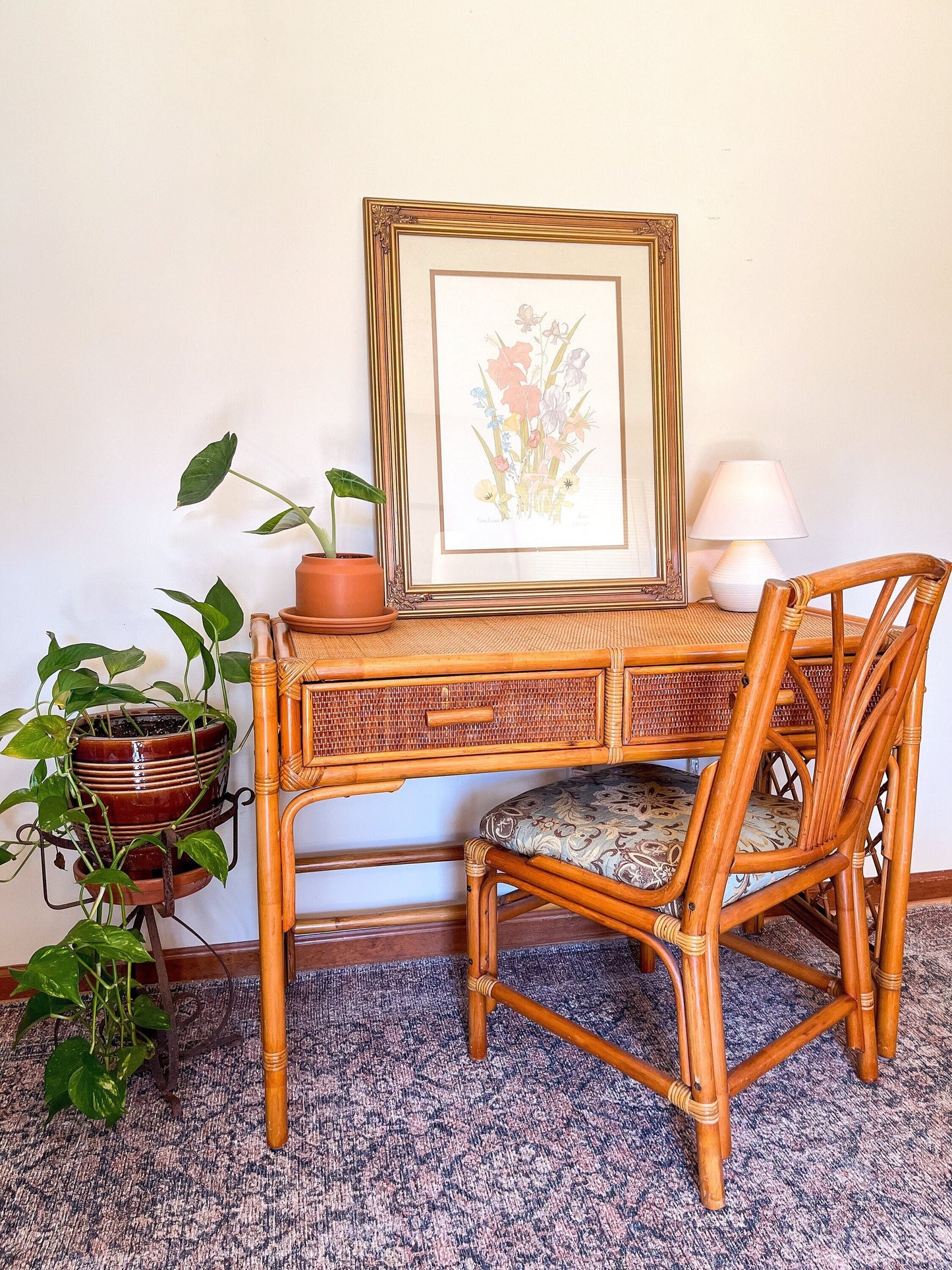 Vintage Bamboo Rattan Desk & Chair