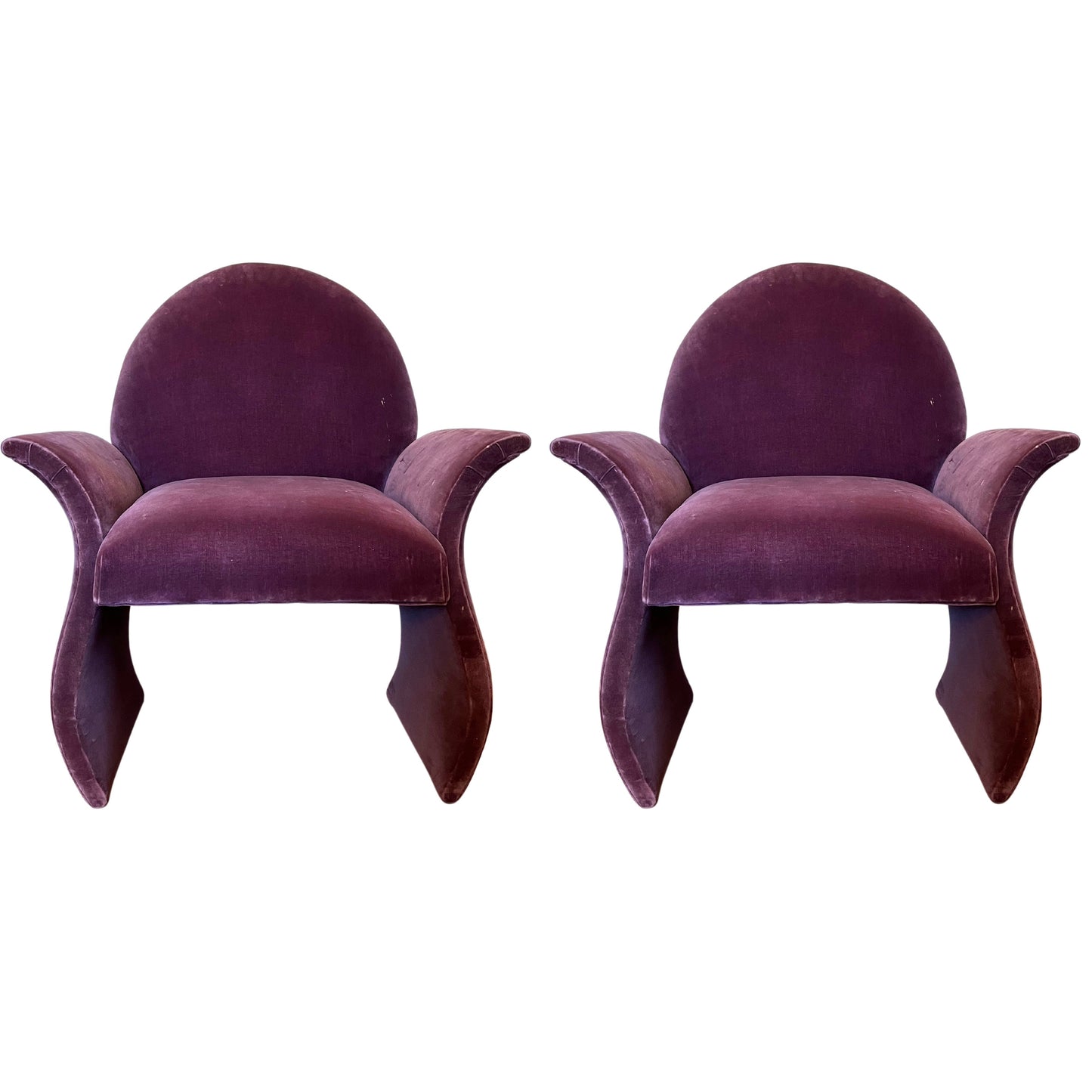 Pair of 1980s Postmodern Curved Arm Lounge Chairs, Purple Velvet