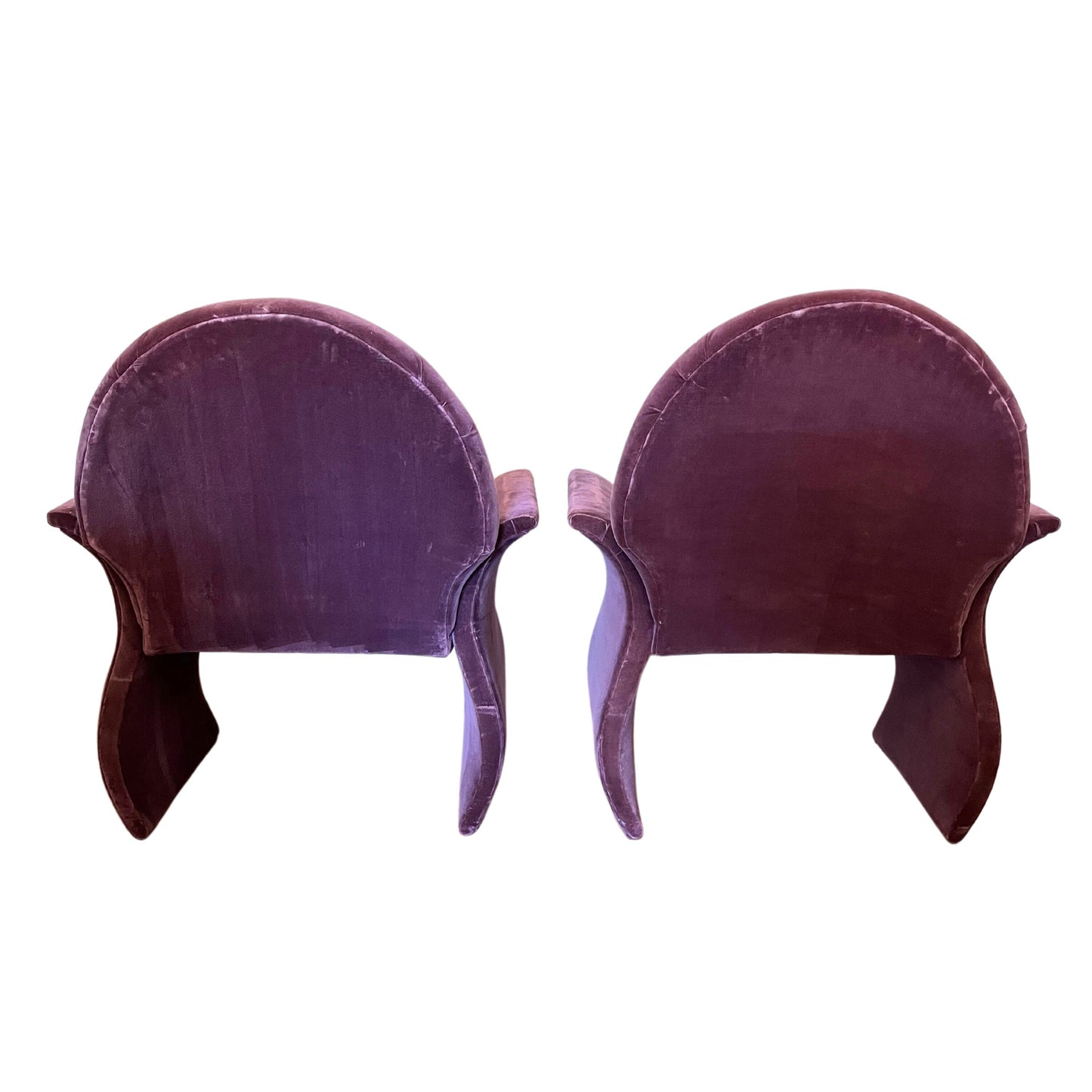 Pair of 1980s Postmodern Curved Arm Lounge Chairs, Purple Velvet