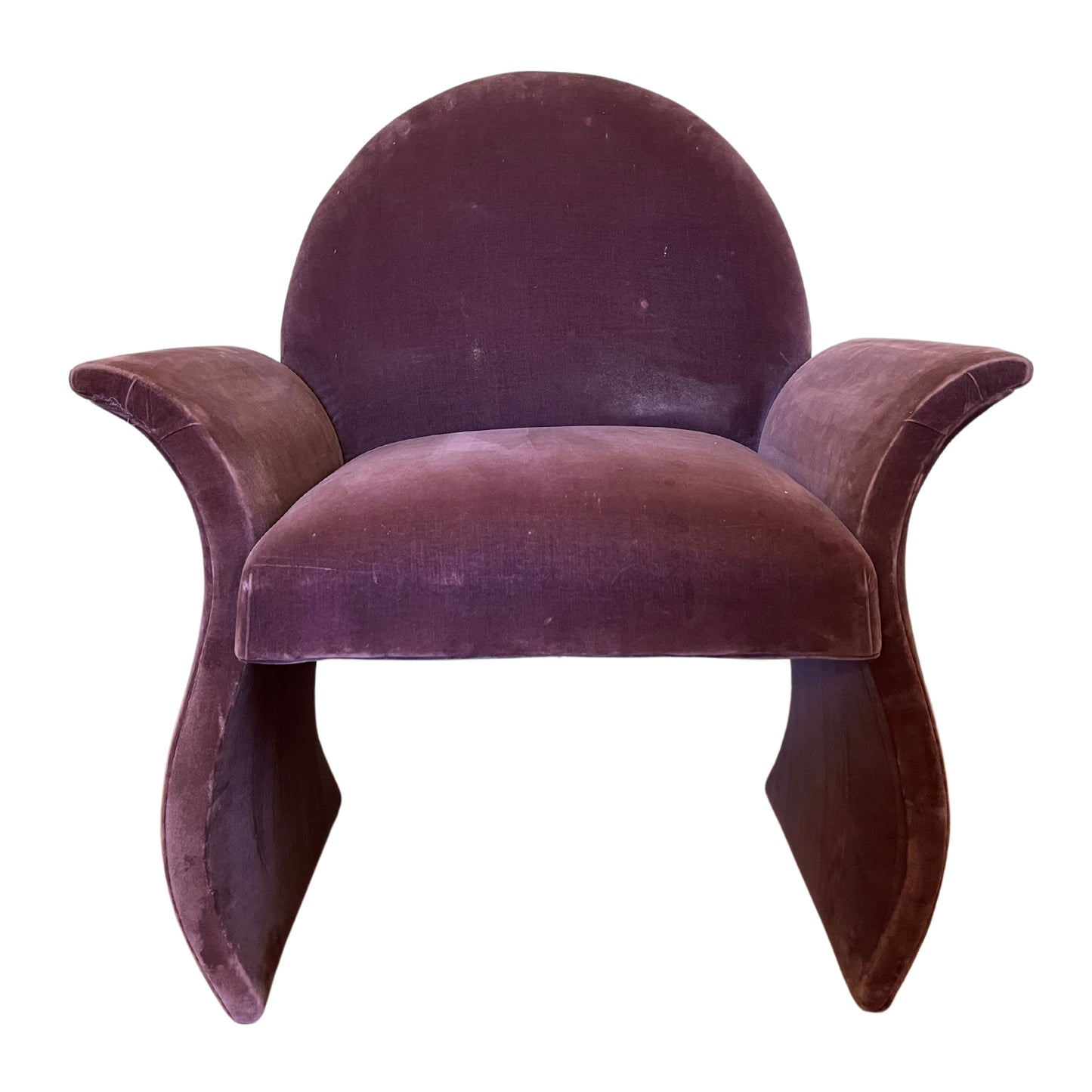 Pair of 1980s Postmodern Curved Arm Lounge Chairs, Purple Velvet