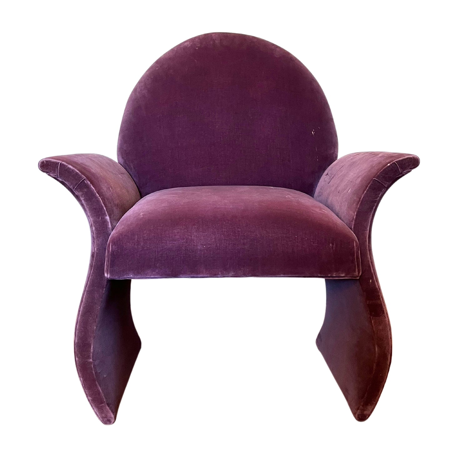 Pair of 1980s Postmodern Curved Arm Lounge Chairs, Purple Velvet