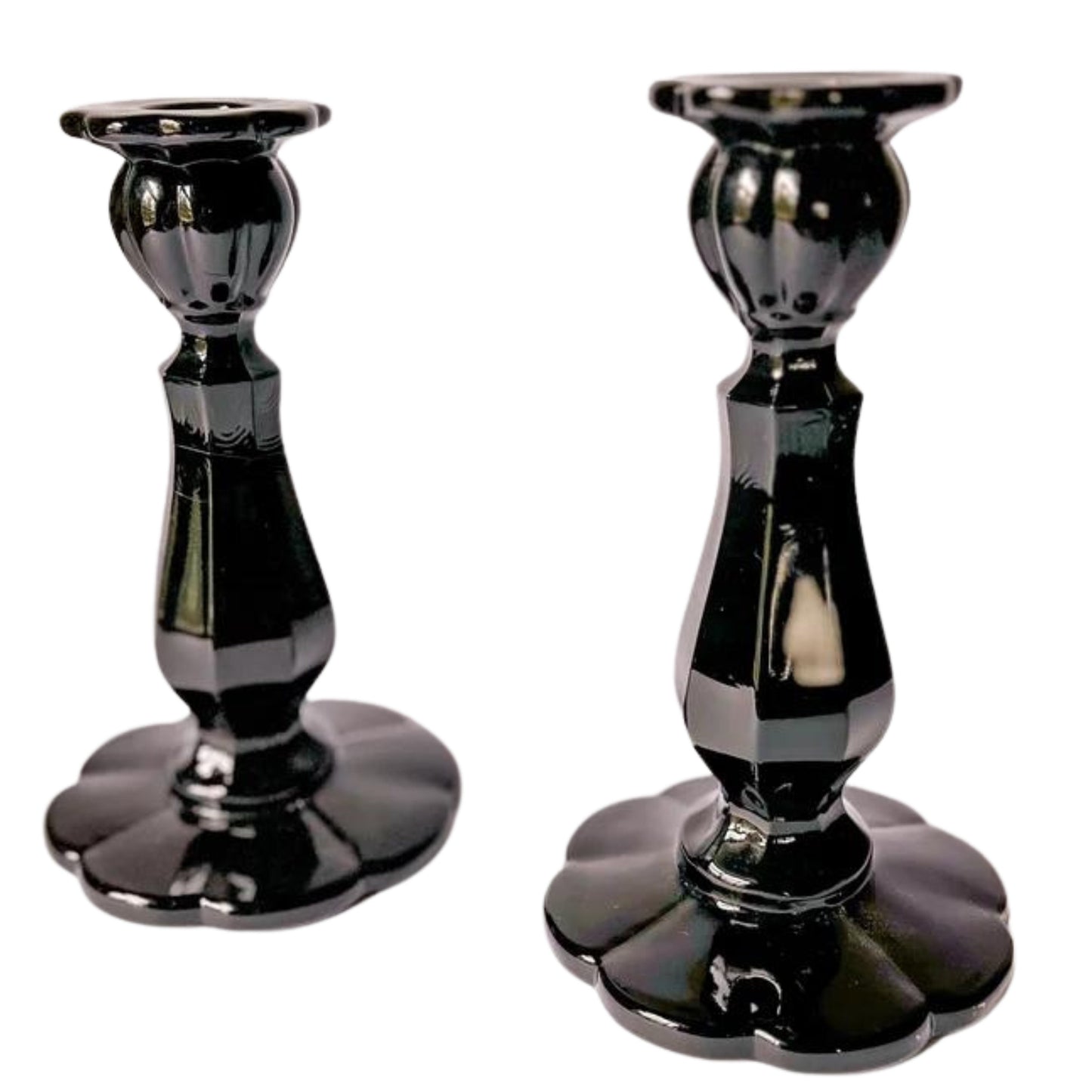 Vintage Black Glass Retro Candlestick Holders, Floral Base