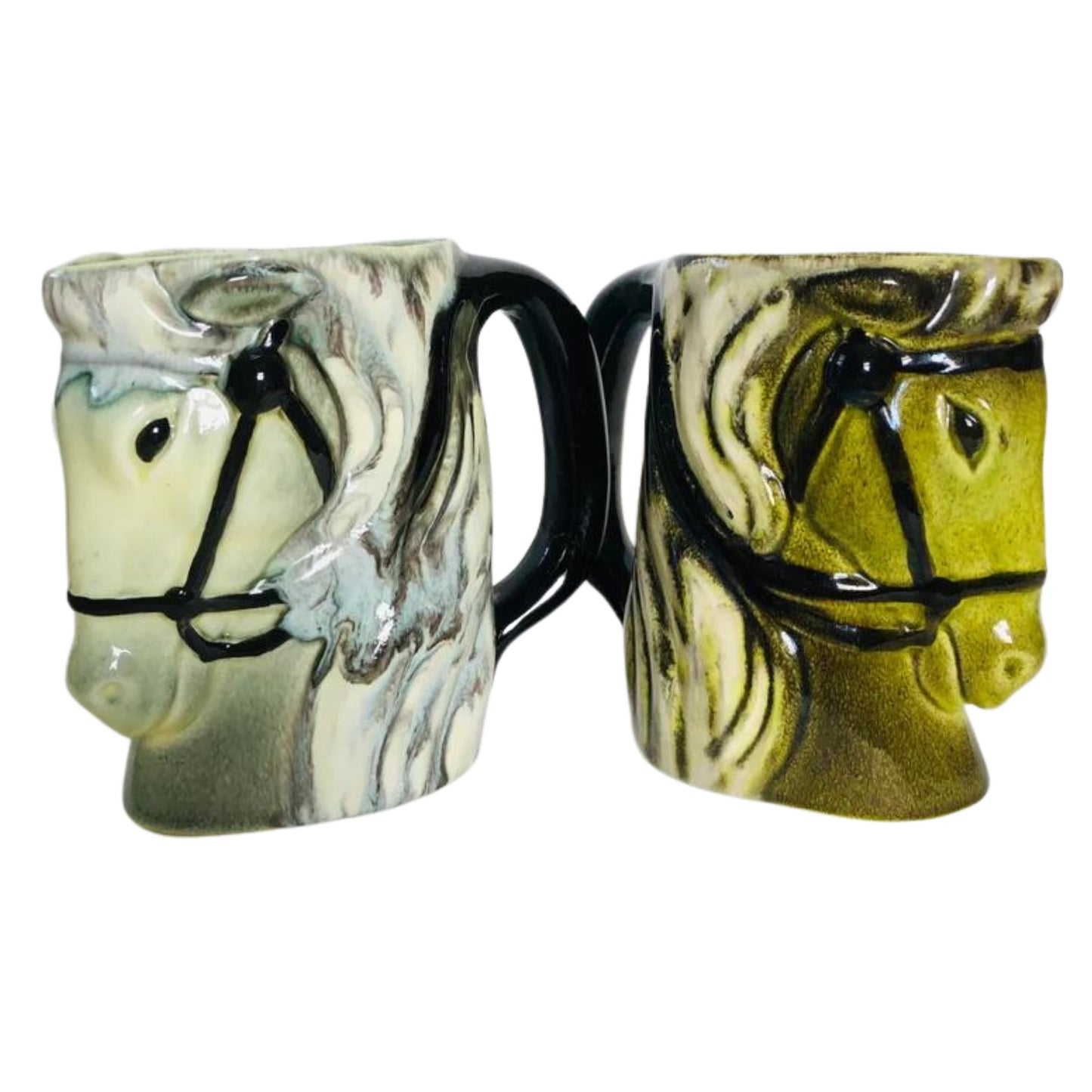 Vintage Ceramic Horse Mugs by Engle Studio, Green and Blue Horse Mug