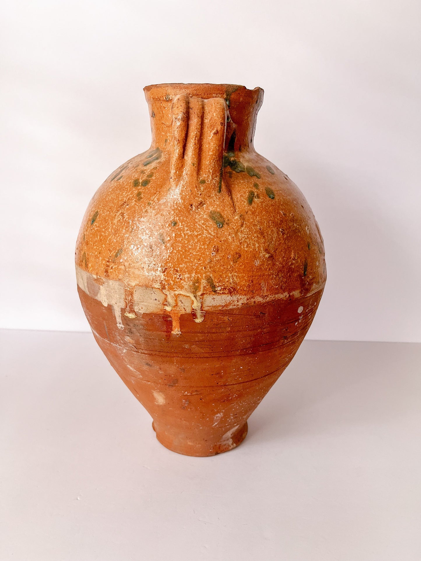 Antique Turkish Terracotta Clay Olive Jar, Green Glaze, Earthenware