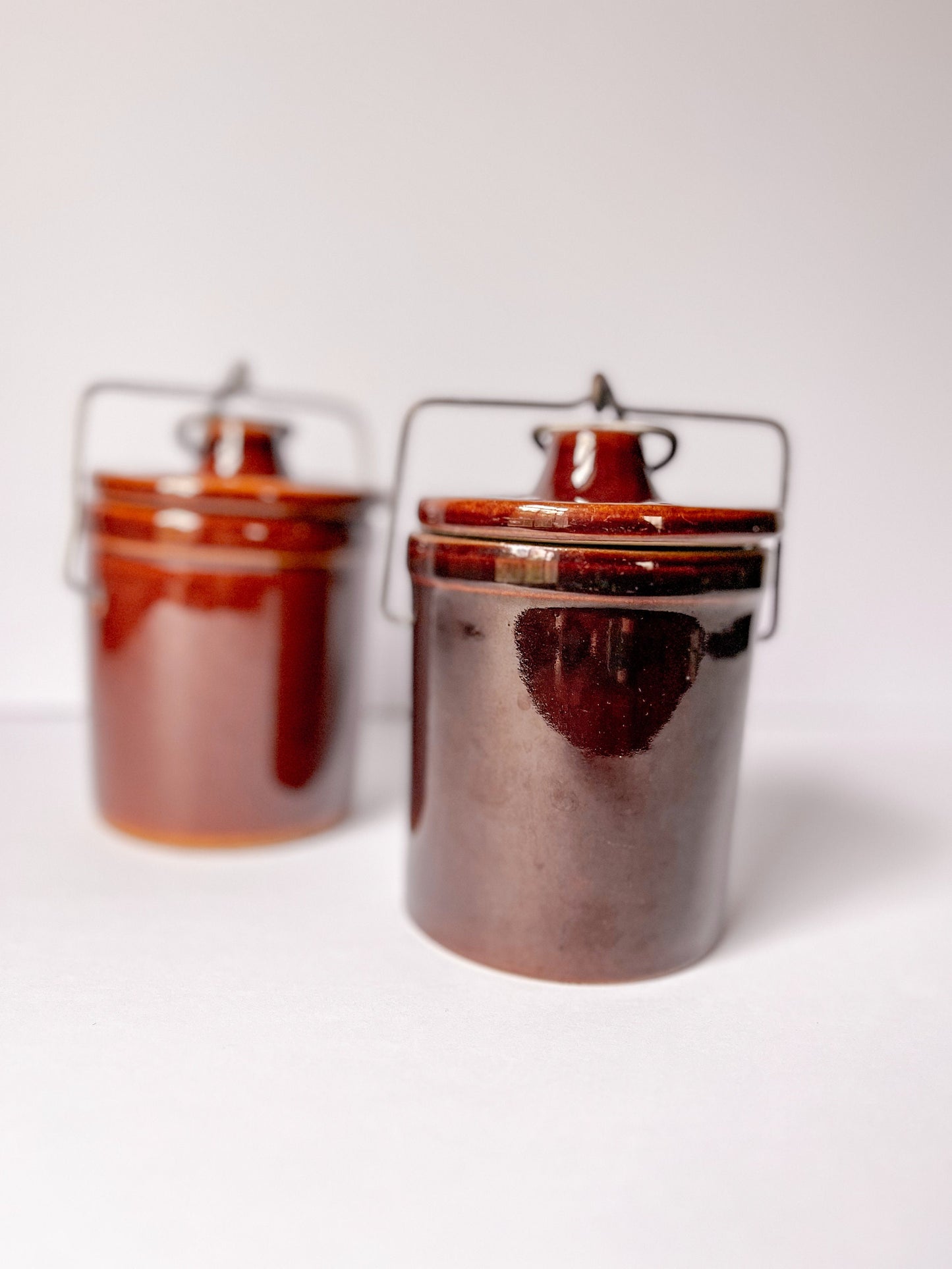 Vintage Brown Stoneware Crock with Metal Latch Lid