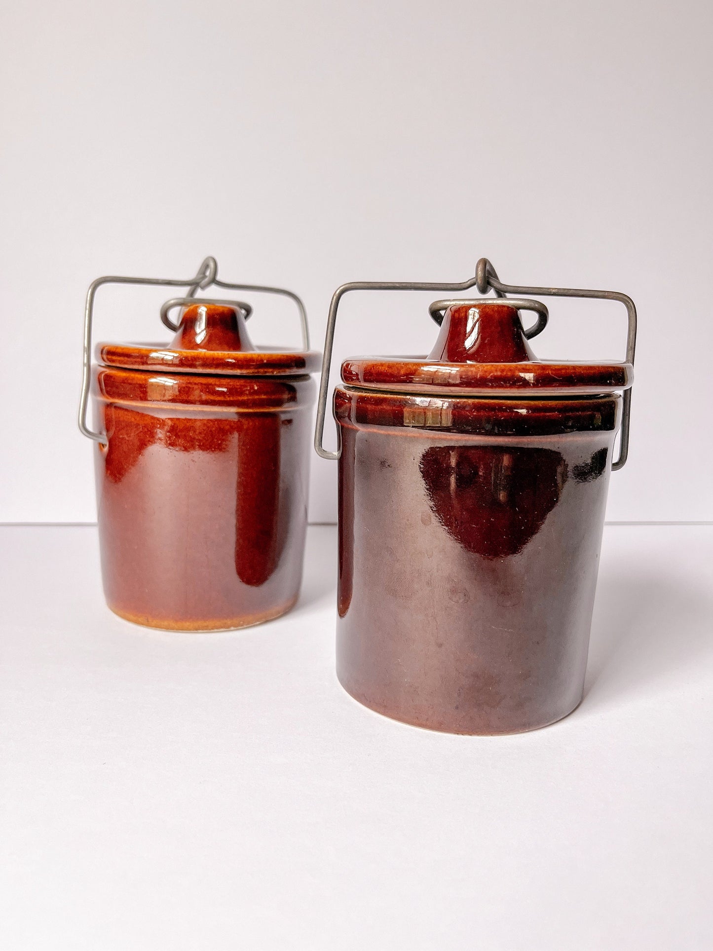 Vintage Brown Stoneware Crock with Metal Latch Lid