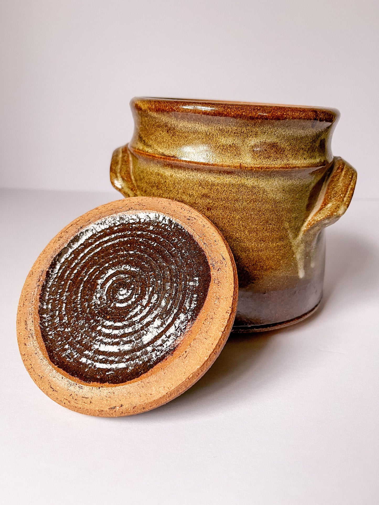 Vintage Stoneware Crock Jar with Lid, Vintage Ceramic Pottery, Earth Tones