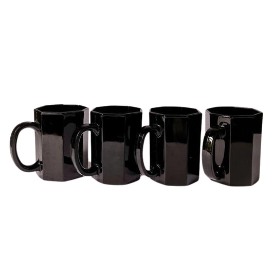 Vintage Octagonal Black Glass Mugs - Set of 4, Arcoroc Mugs