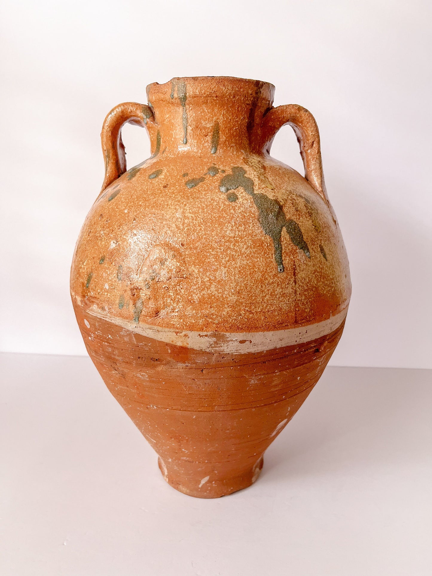 Antique Turkish Terracotta Clay Olive Jar, Green Glaze, Earthenware