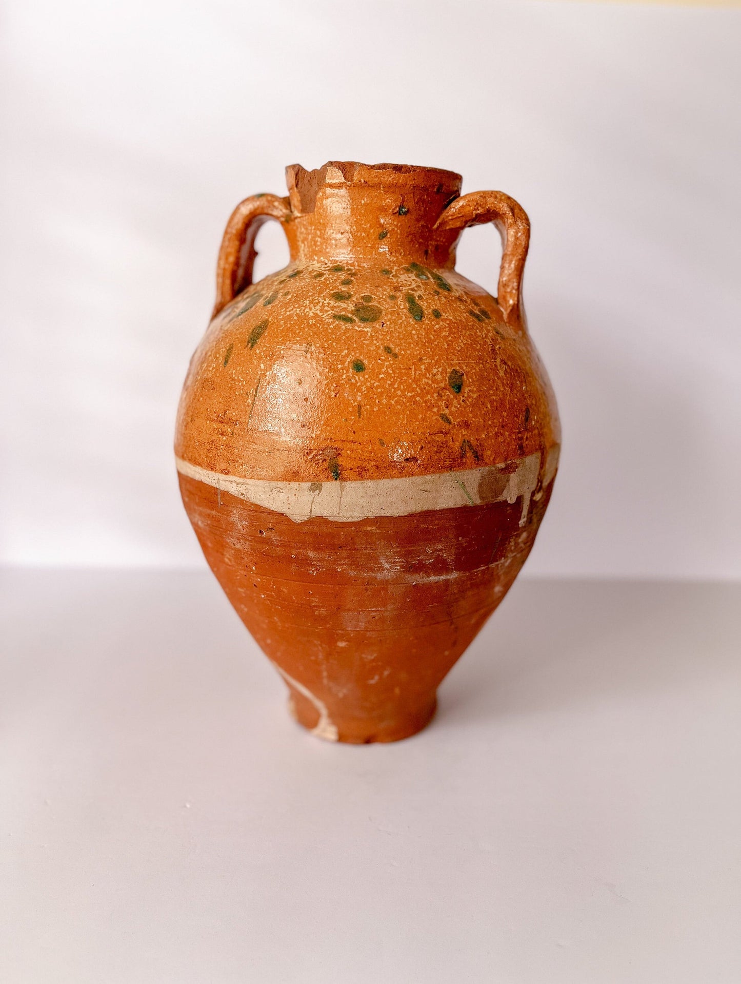 Antique Turkish Terracotta Clay Olive Jar, Green Glaze, Earthenware