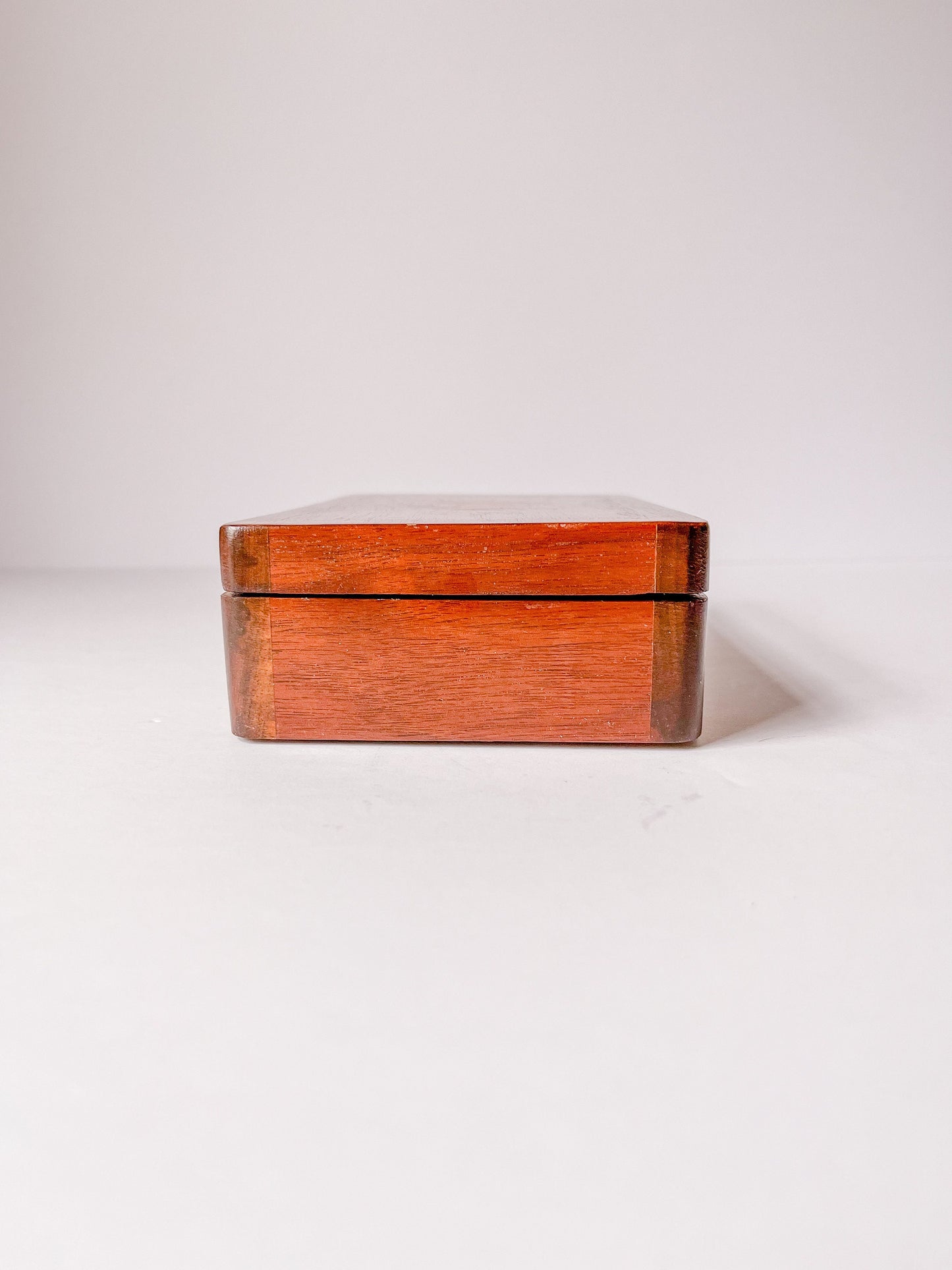 Vintage Inlaid Wood Floral Jewelry Box with Orange Fabric