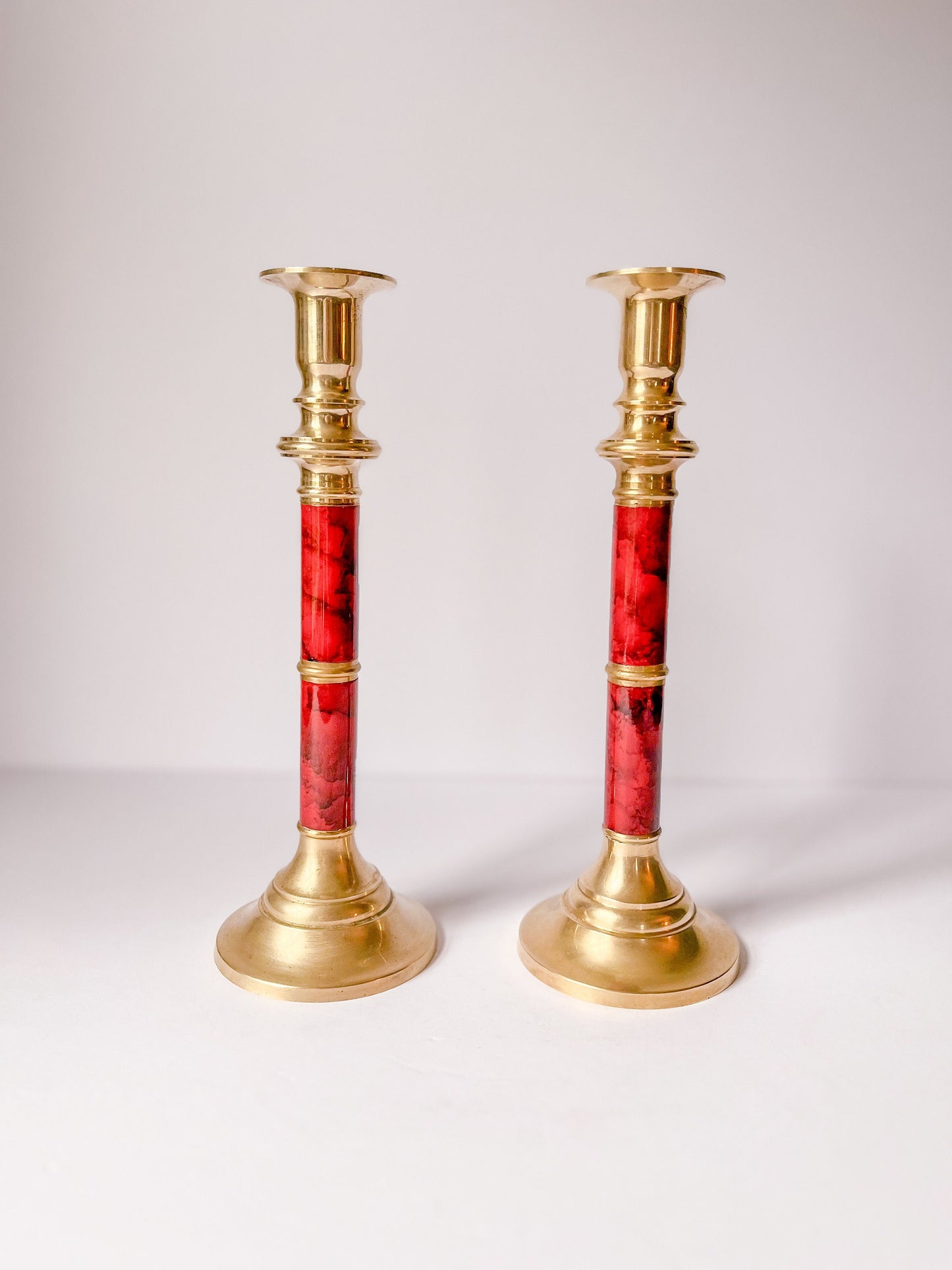 Vintage Brass and Faux Red Marble Candlestick Holders