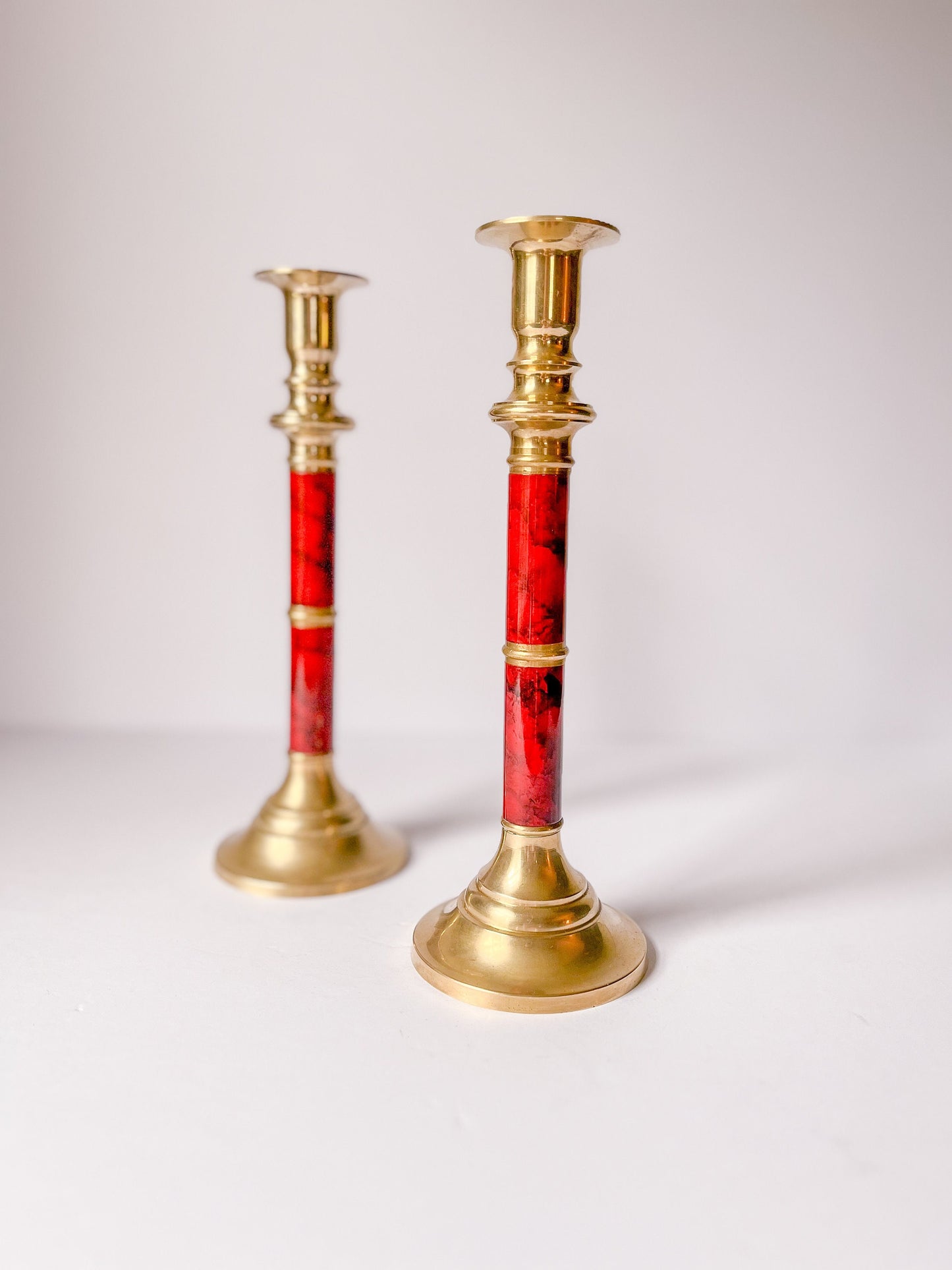 Vintage Brass and Faux Red Marble Candlestick Holders